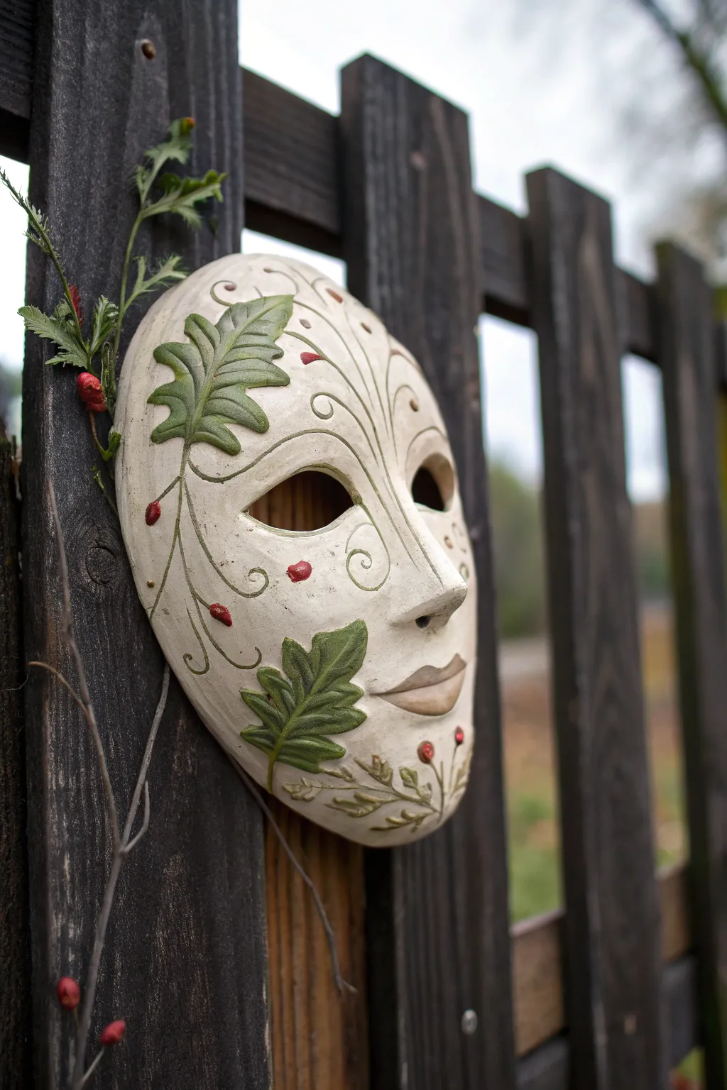 Forest spirit clay mask with leaf-and-vine texture, rustic contrast, minimalist Scandinavian boho