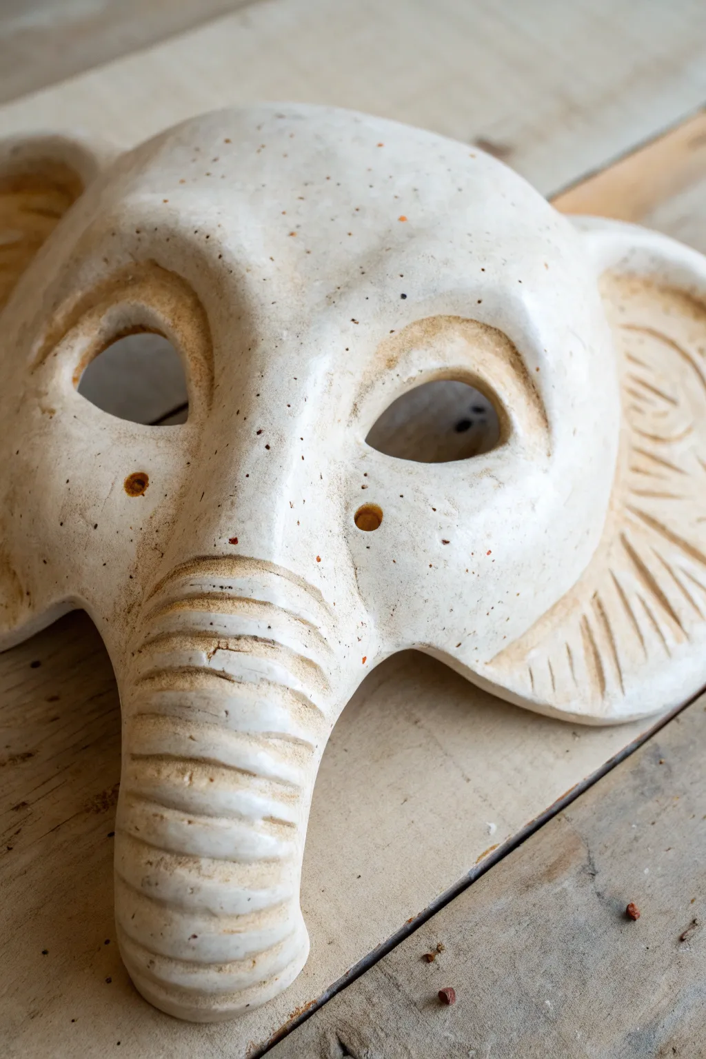 Chunky clay elephant or pig snout mask with smooth cheeks, minimalist and classroom friendly