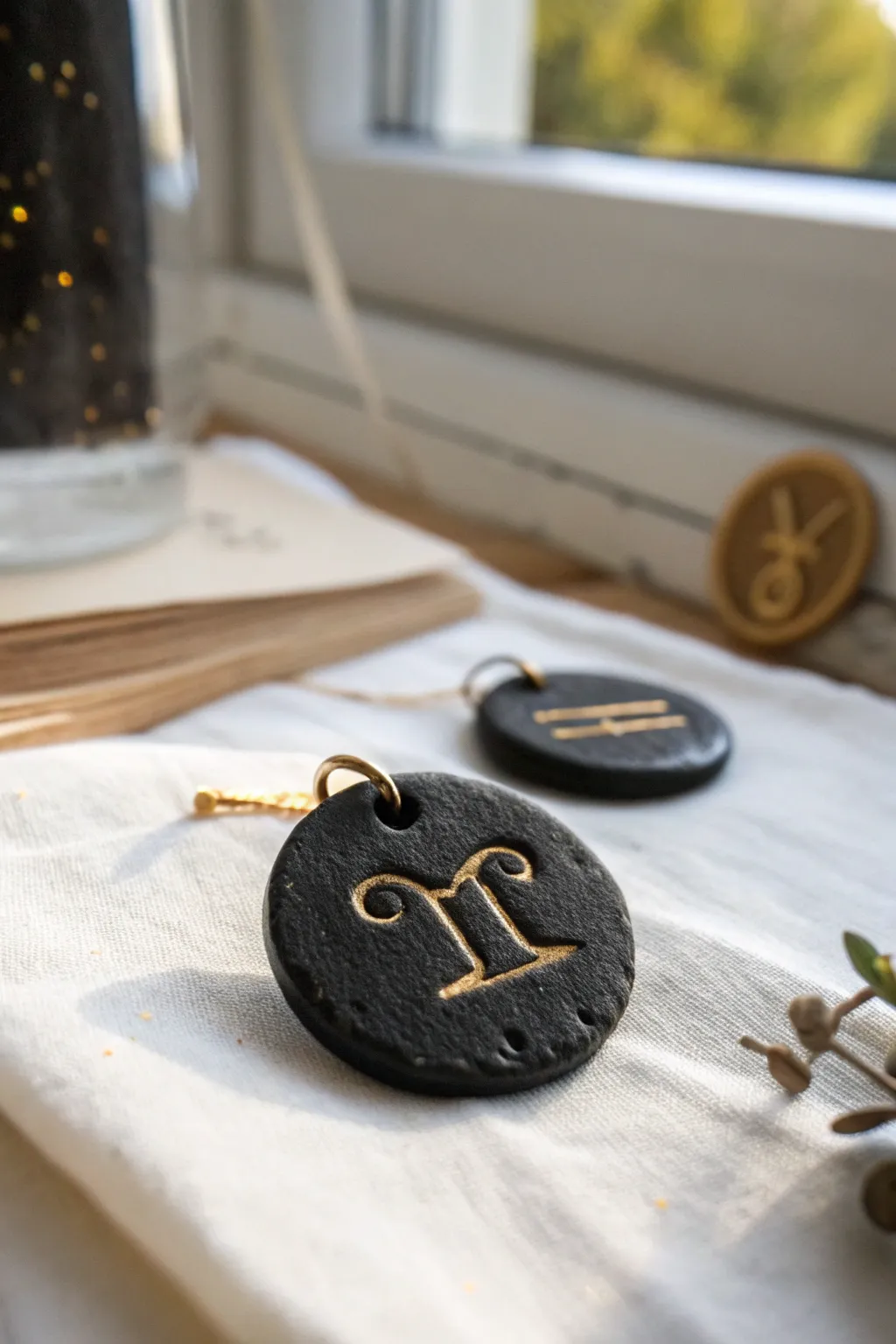 Handmade black clay zodiac medallion charm with metallic highlights, simple and modern.