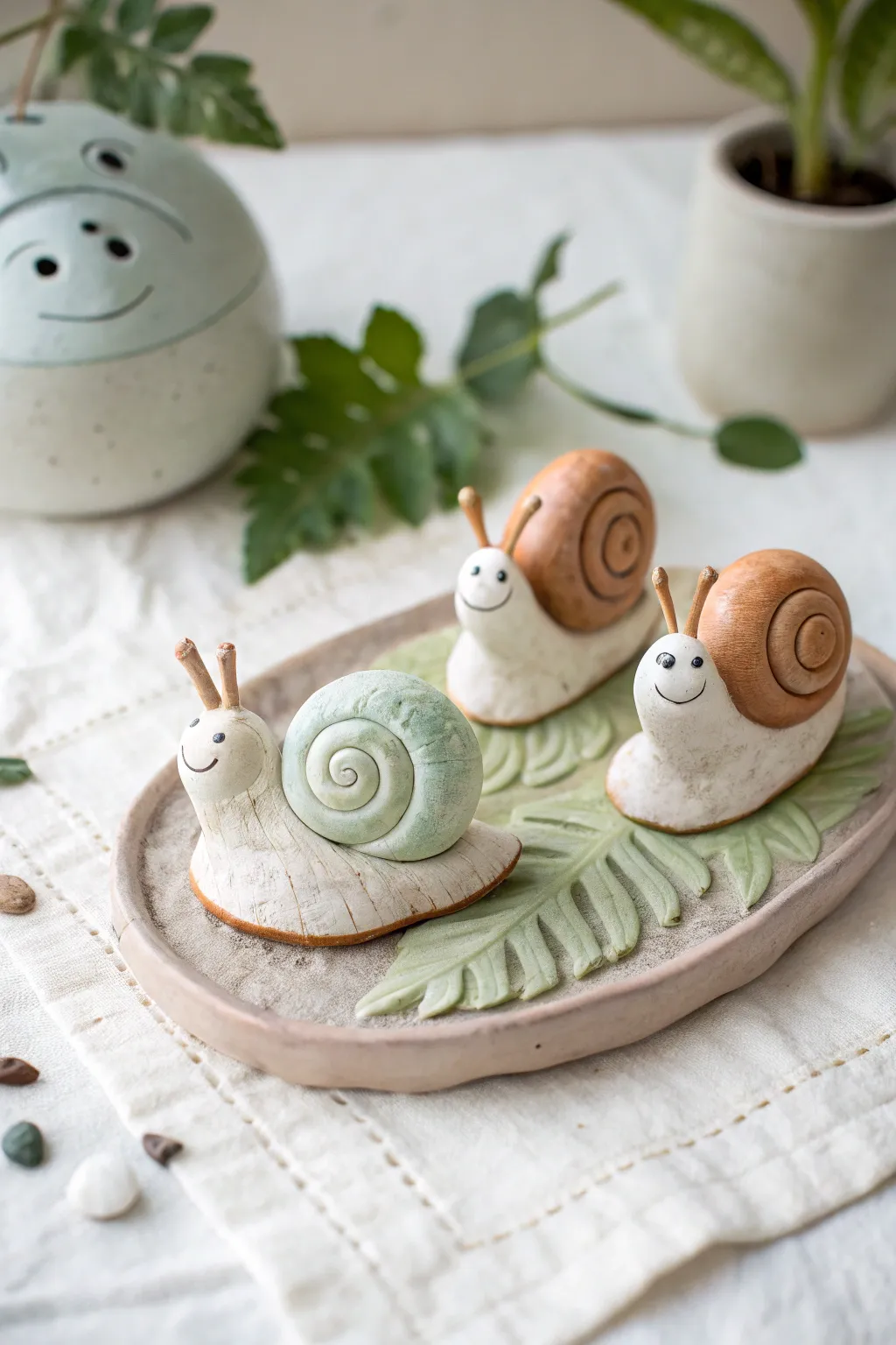 Sweet spiral-shell clay snails on a textured garden base, a simple preschool-friendly project.