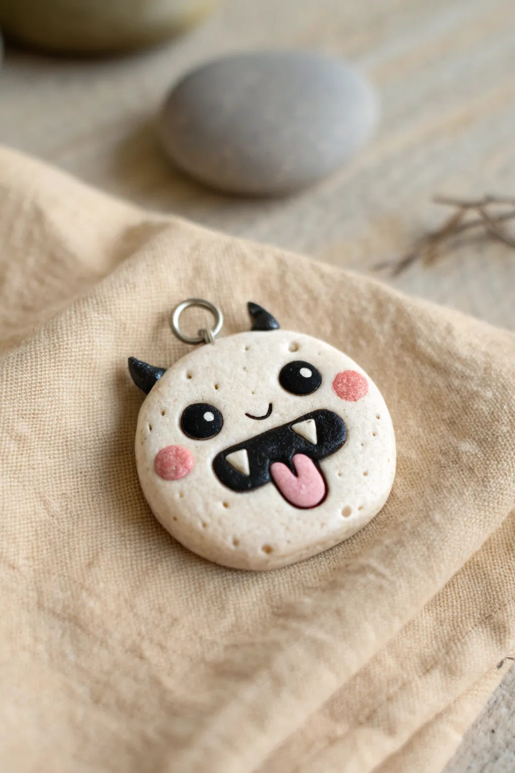 Toothy little clay monster with bold fangs and a dangly tongue, styled in calm minimalist tones