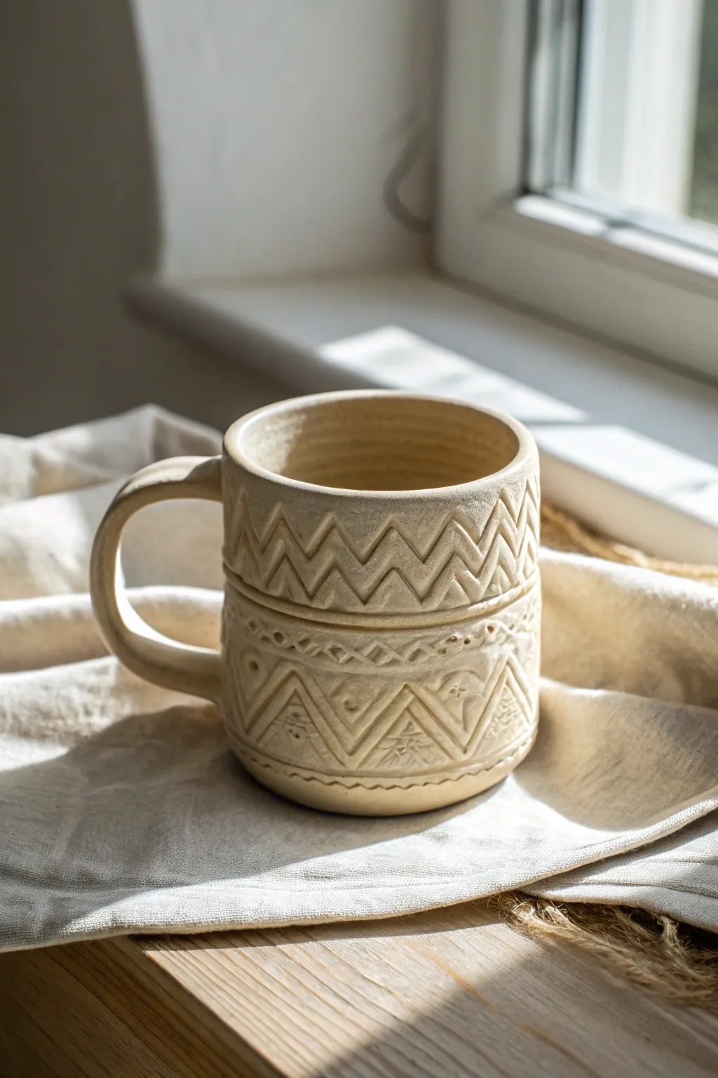 Matte monochrome mug with carved geometric texture that catches light and feels great in hand