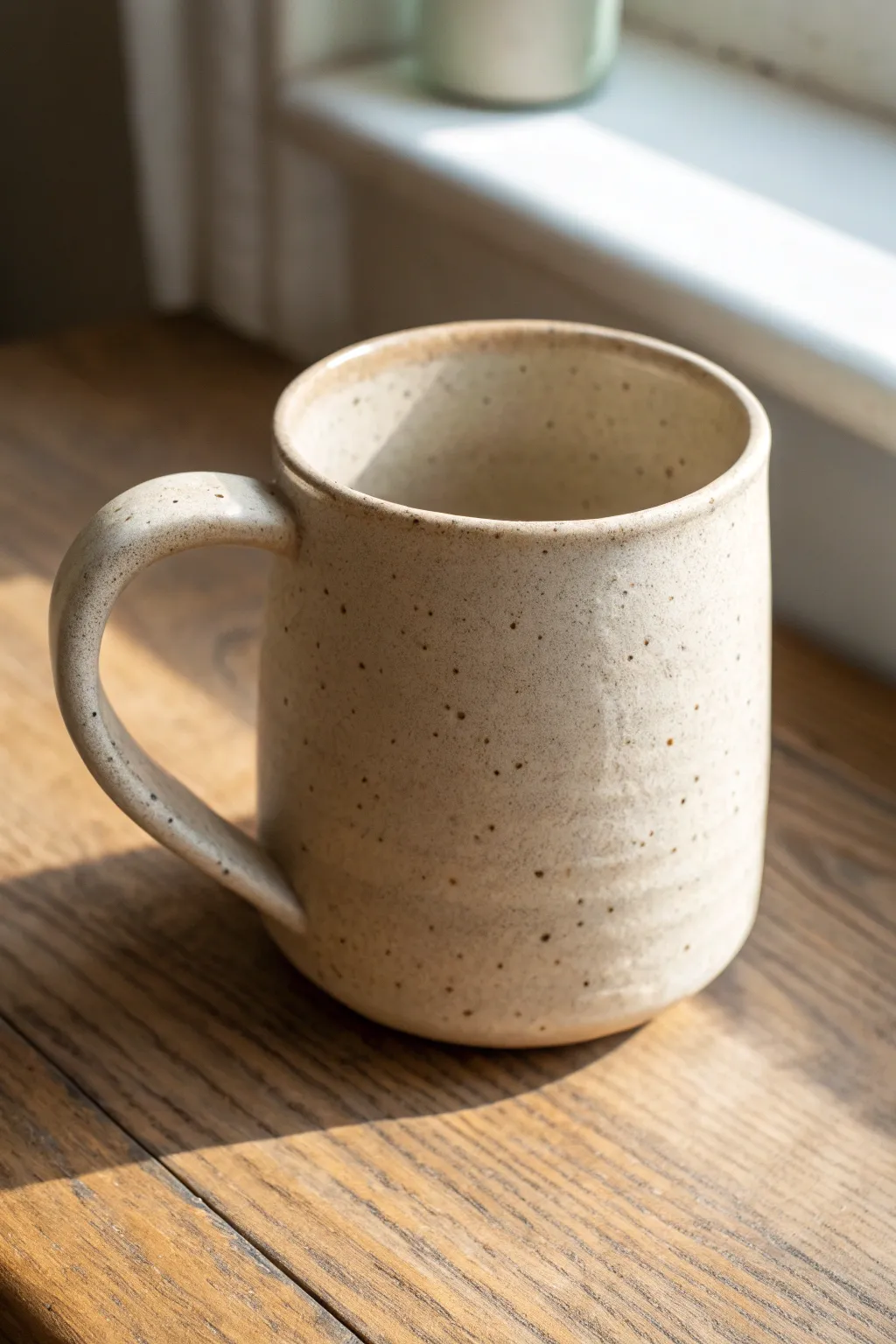 Simple strap-handle mug with a subtle thumb rest bump for comfy, beginner-friendly style.