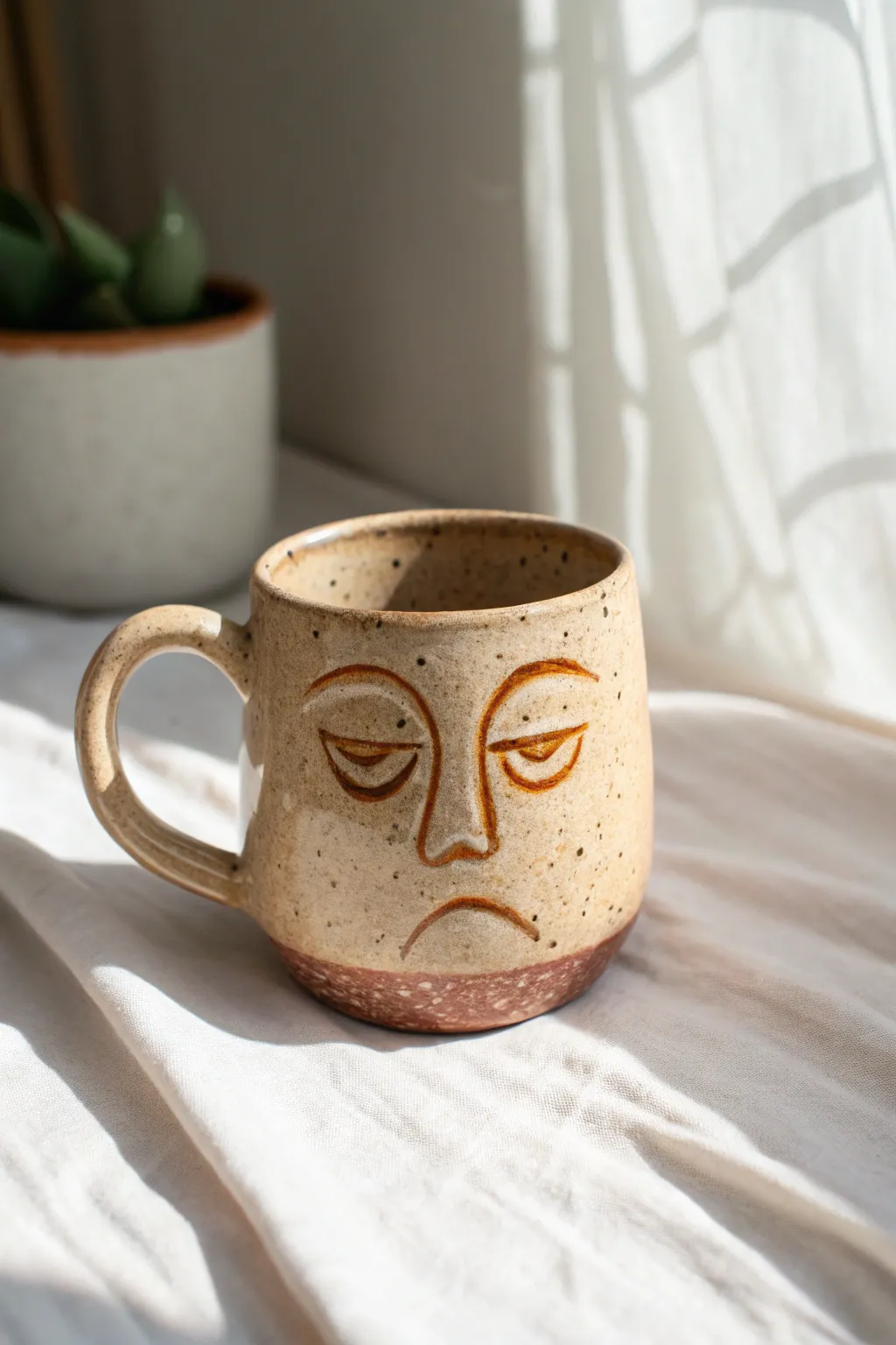 Grumpy brows and pouty lips in warm earthy glaze, a minimalist mug face that feels charming