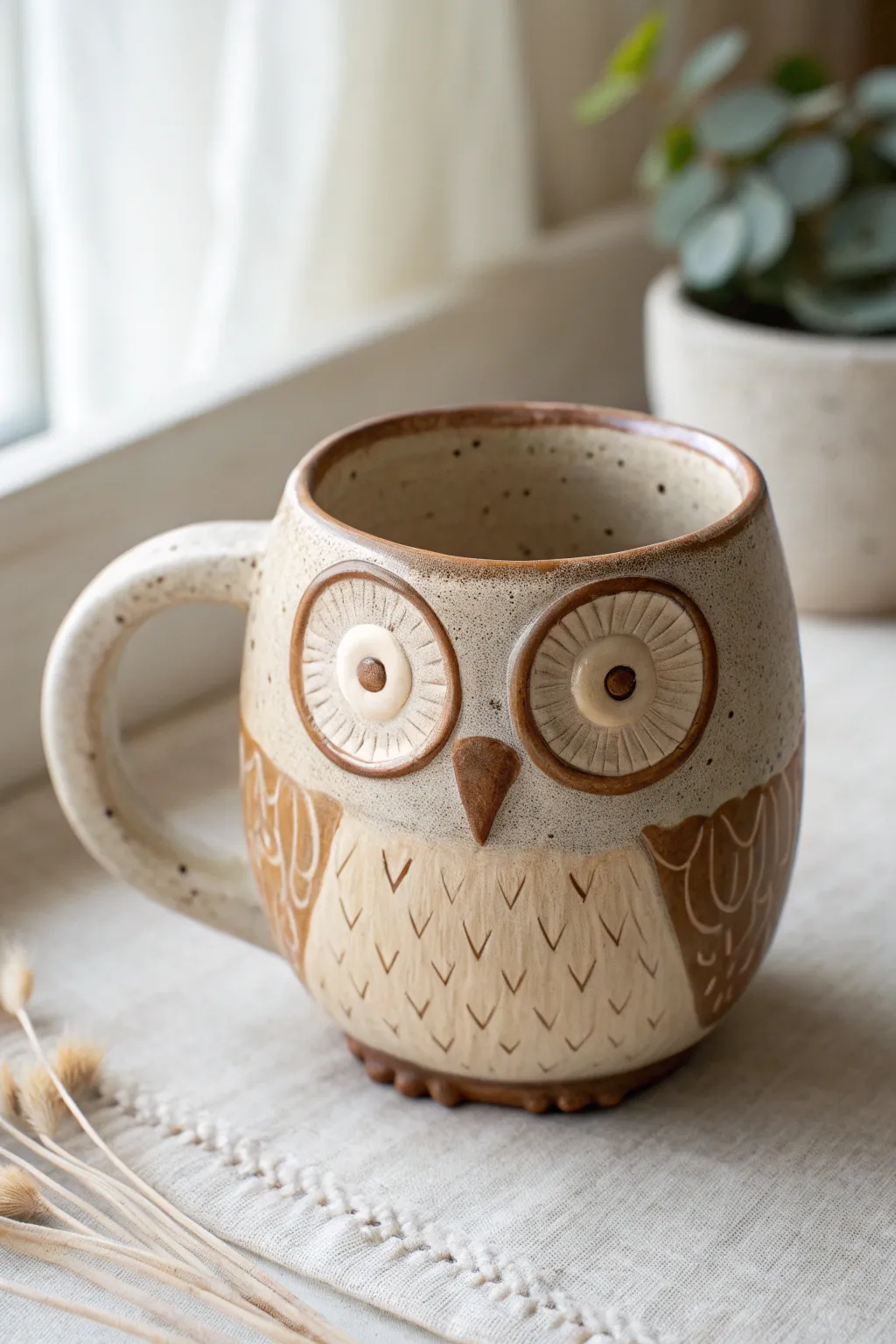 Stout owl mug with wide eyes and soft feather texture in earthy glaze, minimal and cozy.