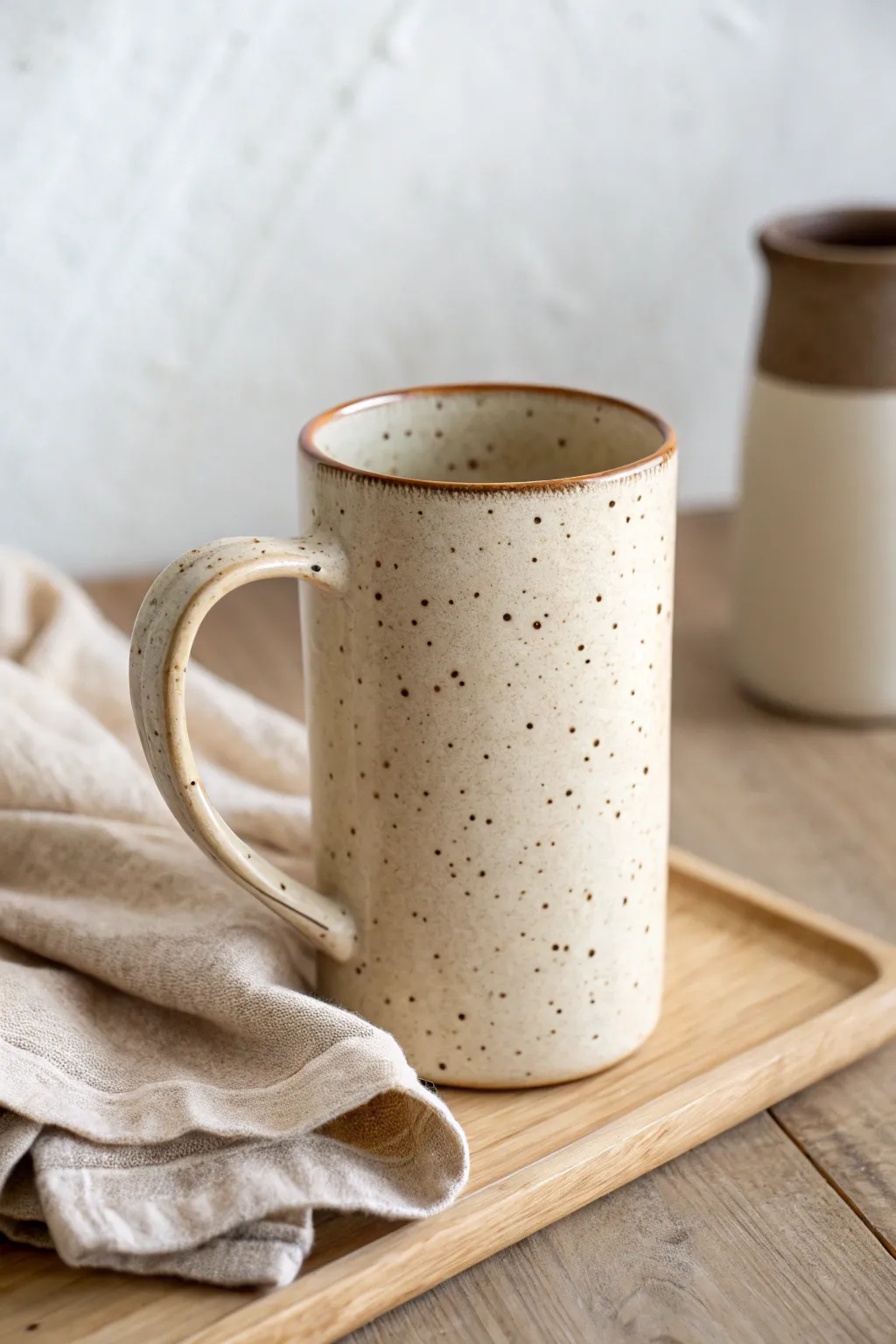 Speckled satin-glazed mug styled with linen for a calm, earthy Scandinavian-boho look