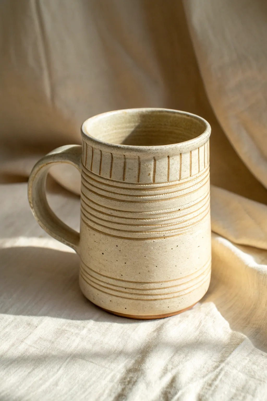 Easy incised banding lines give a simple clay mug instant minimalist style and texture.