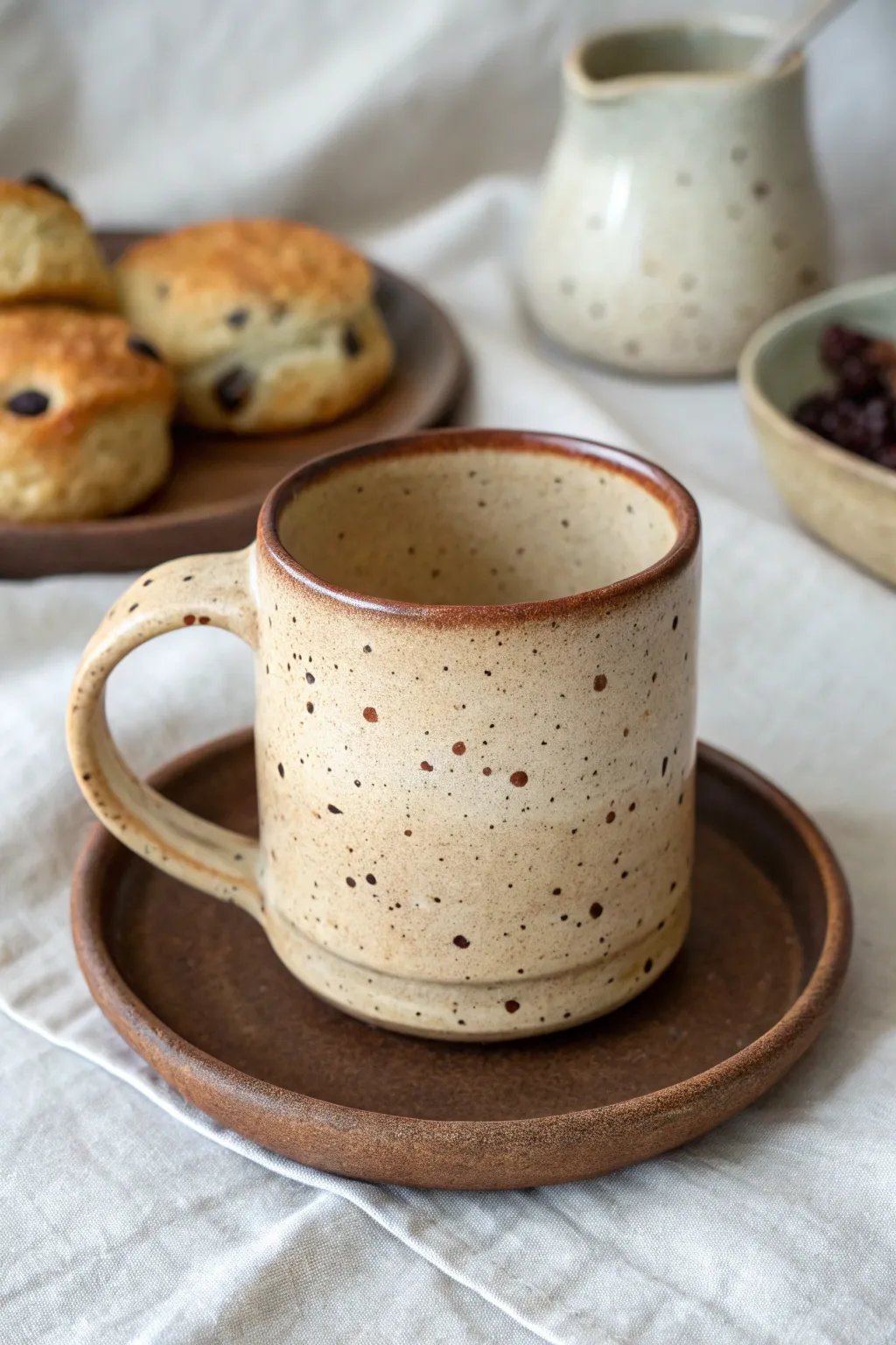 Speckled stoneware mug in cozy neutrals for an easy café-at-home painted pottery look