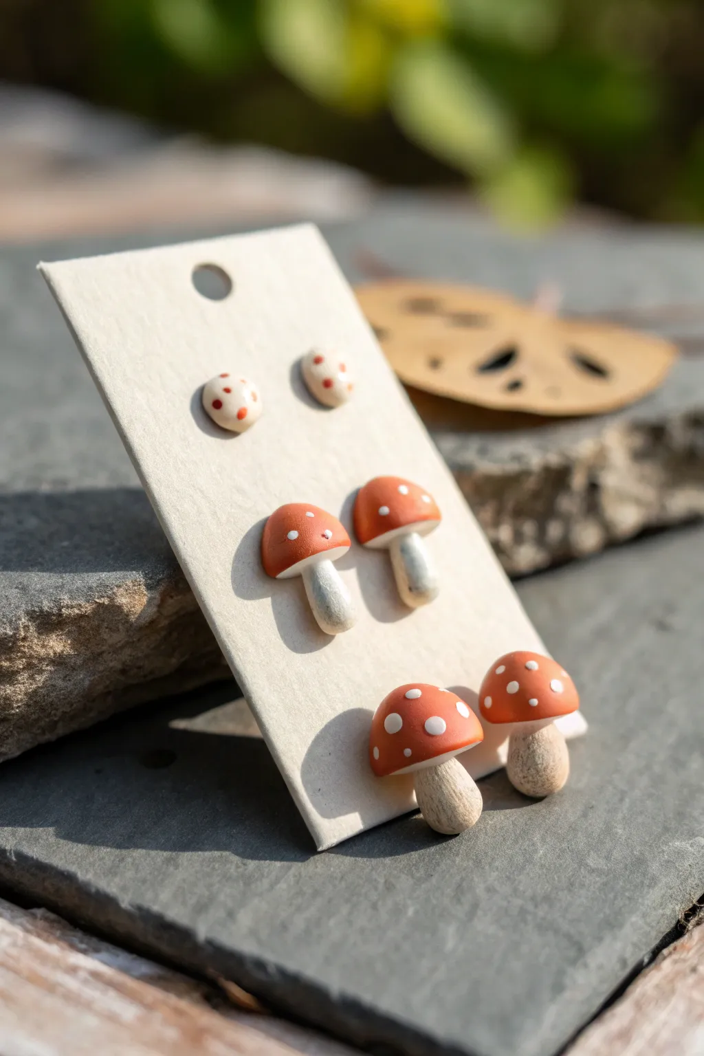 Tiny polymer clay mushroom studs and charm pairs, minimalist boho jewelry with handmade charm.