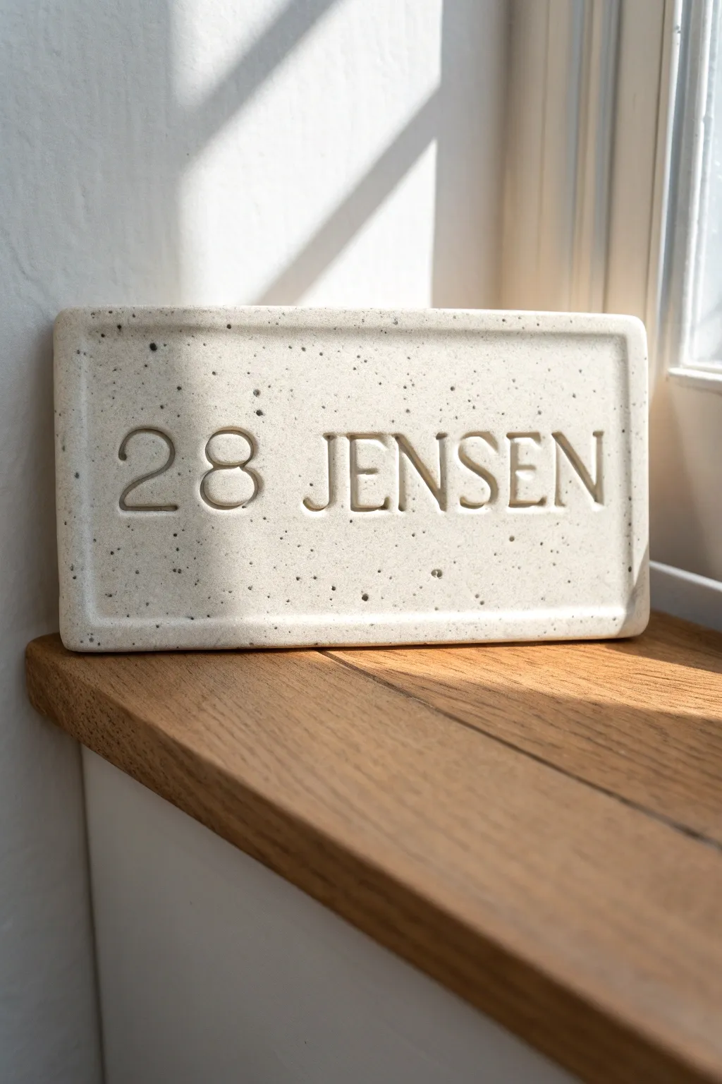 Minimalist clay name plate with house number, soft boho tones, perfect for a welcoming entry