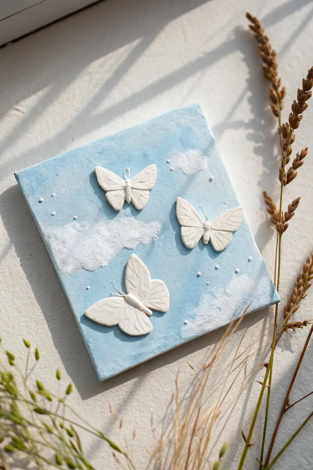 Soft blue sky canvas with delicate clay butterflies in raised relief, calm minimal boho charm
