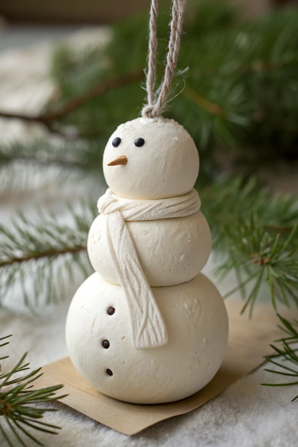 Minimal white snowman clay ornament with carved details, perfect for cozy winter decor.