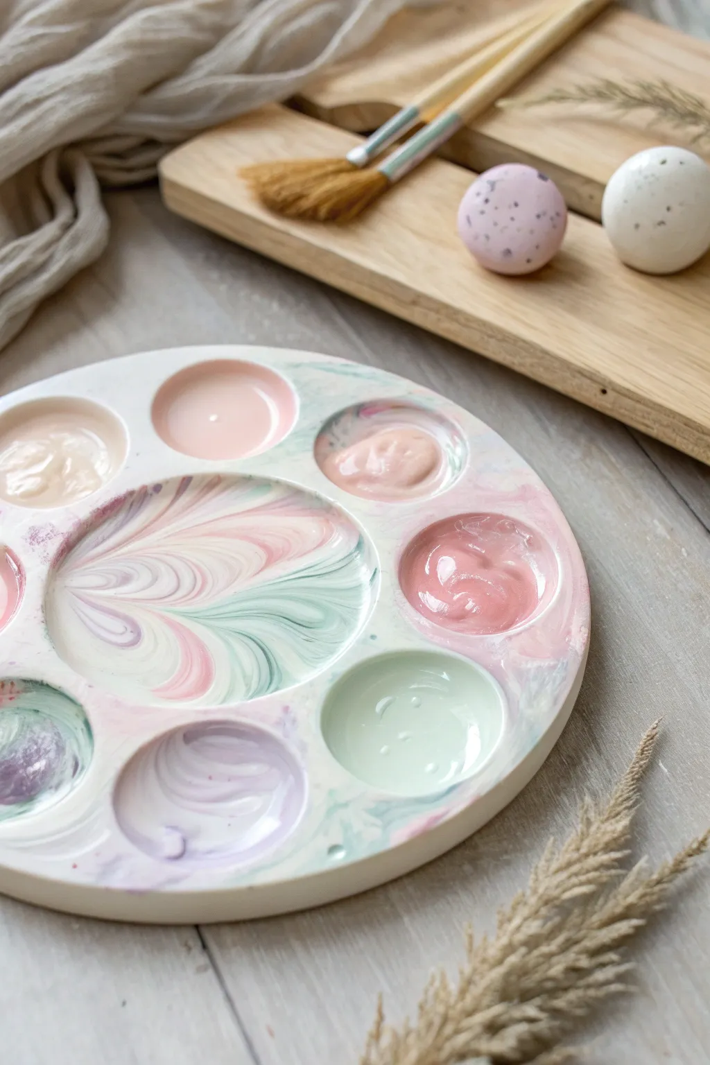 Soft pastel marbled polymer clay palette with glossy finish, simple wells, and dreamy paint pools.