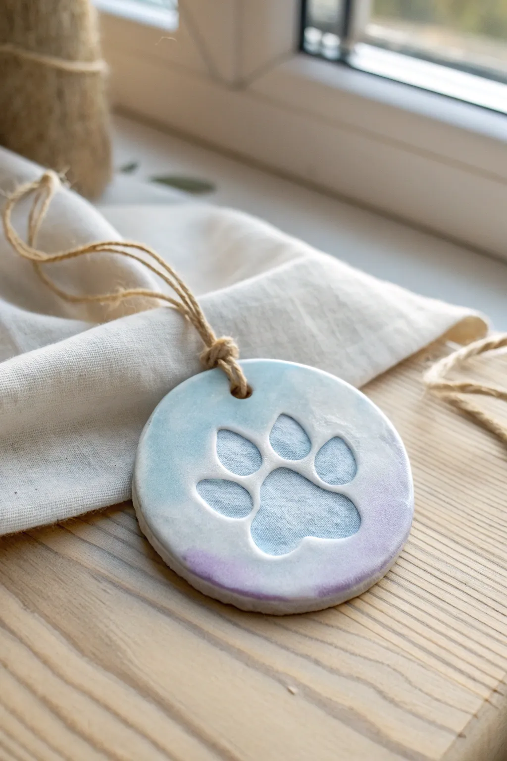 Soft watercolor wash on a clay paw print ornament, minimalist and dreamy for pet keepsakes.