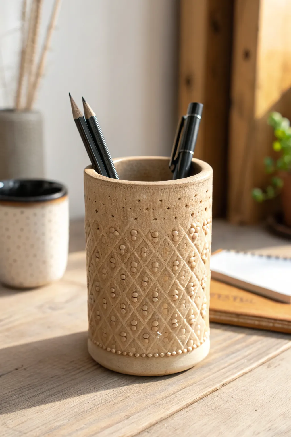 Minimal stamped clay pen holder in warm beige, with dark pens highlighting the tactile texture