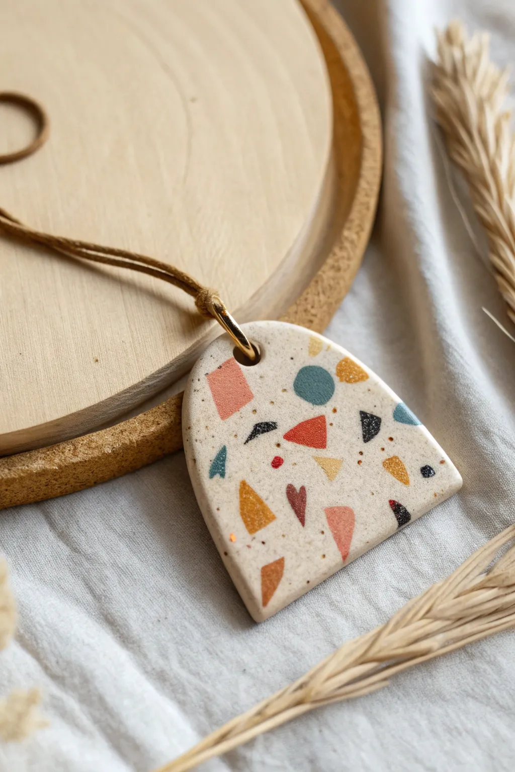 Terrazzo confetti pendant in soft neutrals with bold speckles for playful minimalist style.