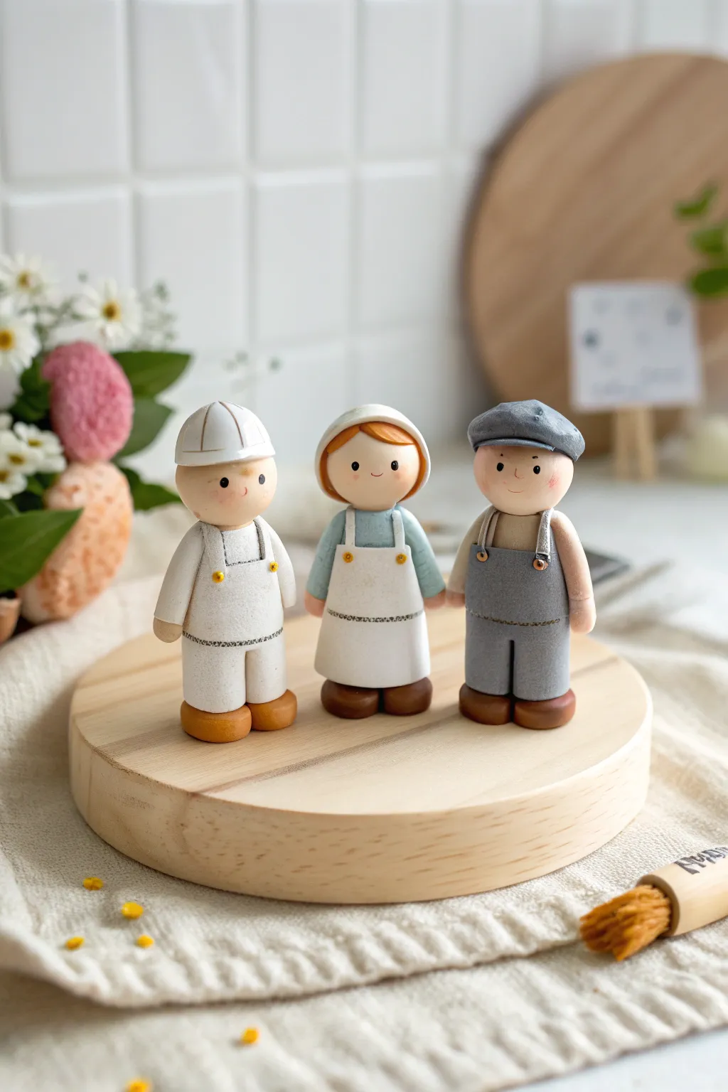 Minimalist clay people trio with mini job props, easy inspiration for sweet handcrafted figures.