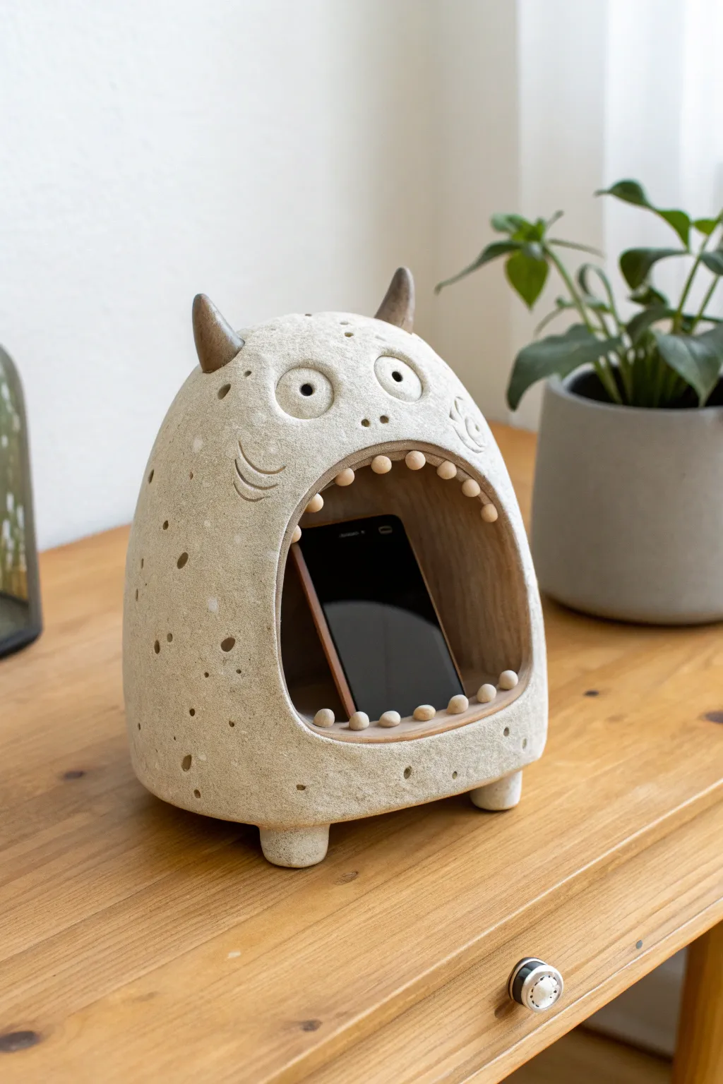 Wide-mouth clay monster phone amplifier, roaring sound from a minimalist handmade sculpture