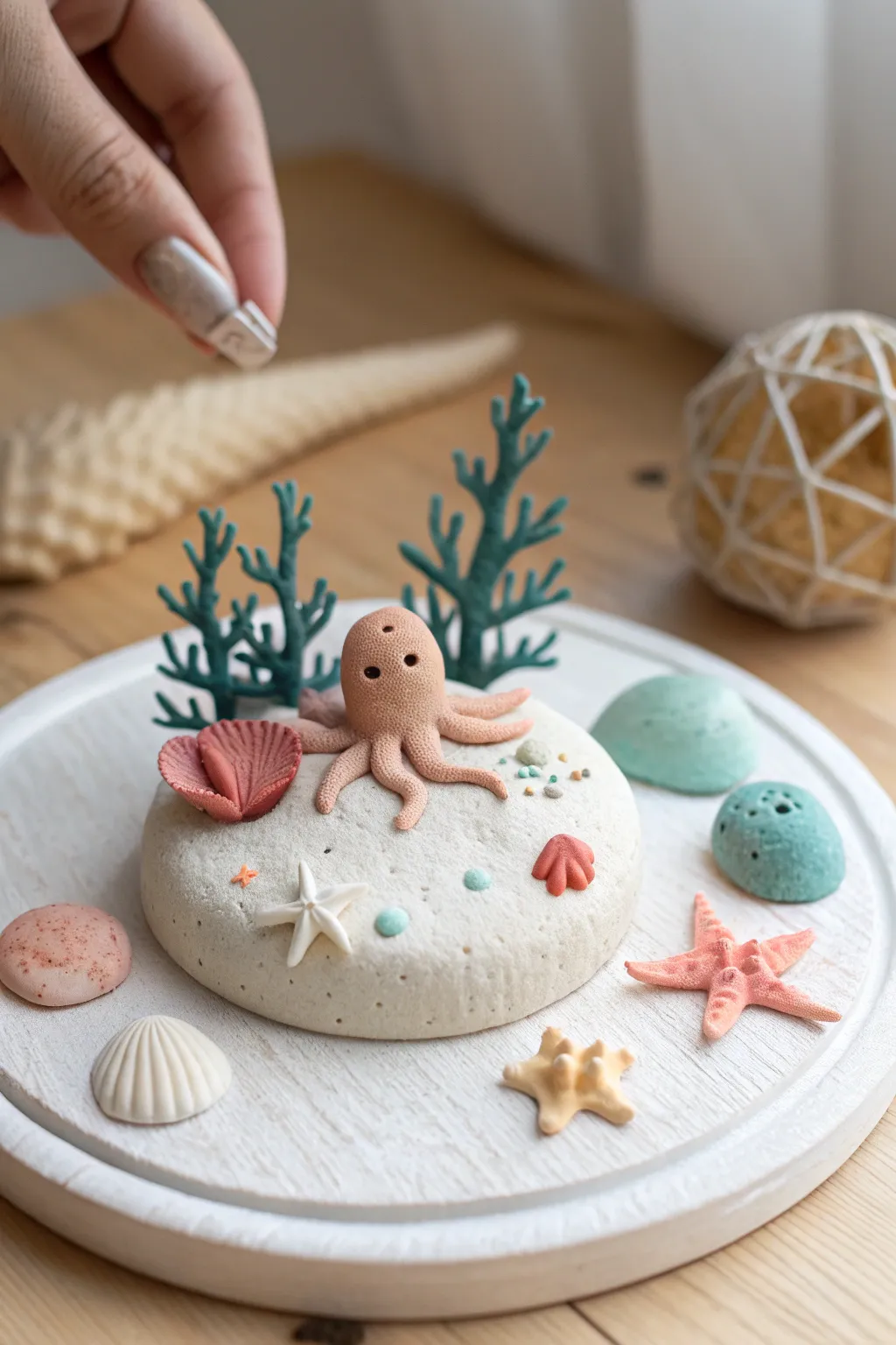 Tiny clay sea creatures in a micro world diorama, softly lit for a calm minimalist feel
