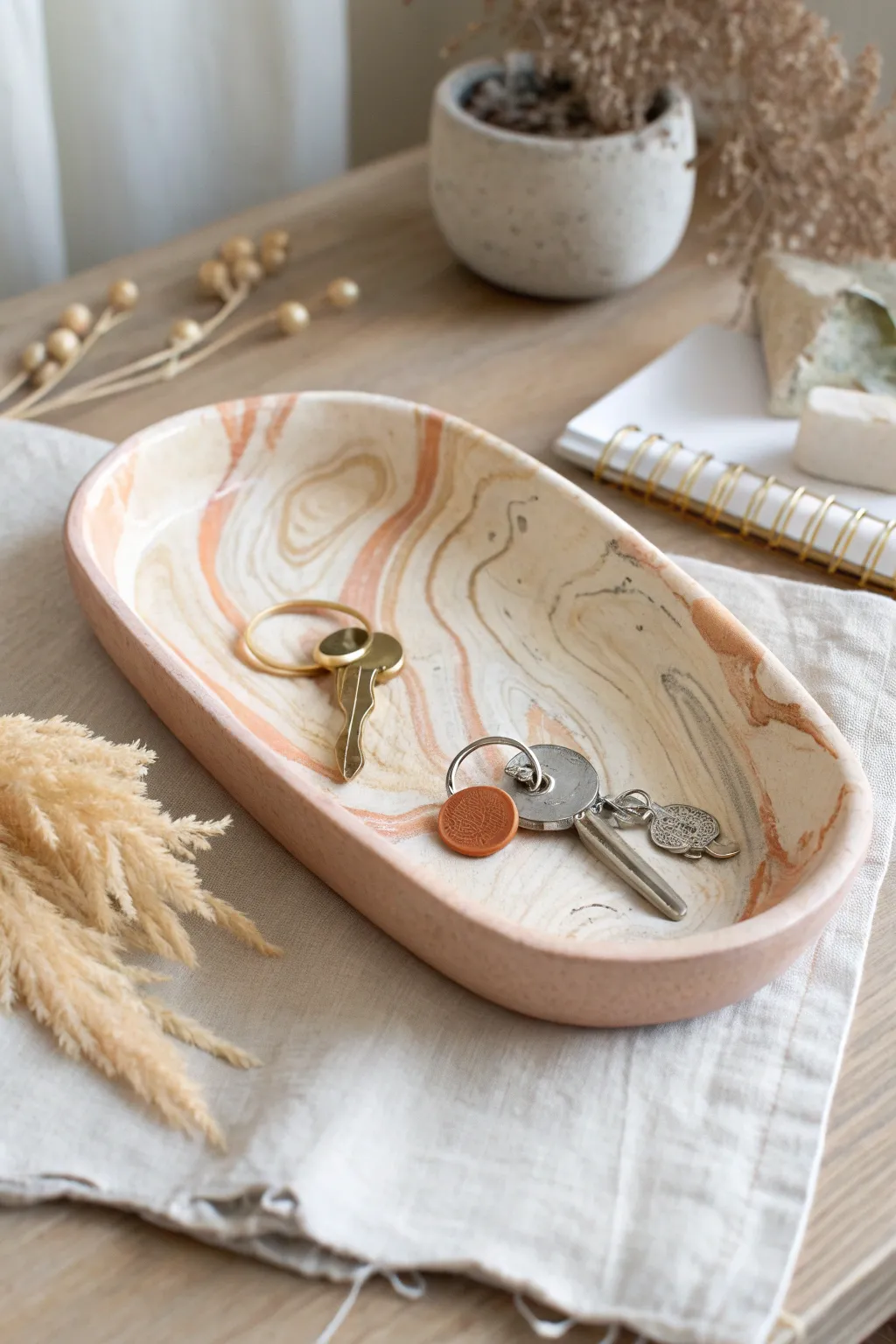 Minimal marbled clay catchall tray in warm neutrals, perfect for keys and coins on your dresser.