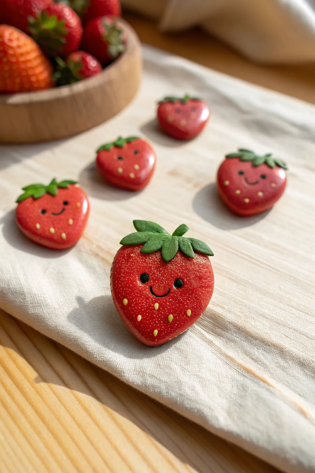 Sweet strawberry smiley clay pins in a neat row, minimal, handmade, and full of charm.