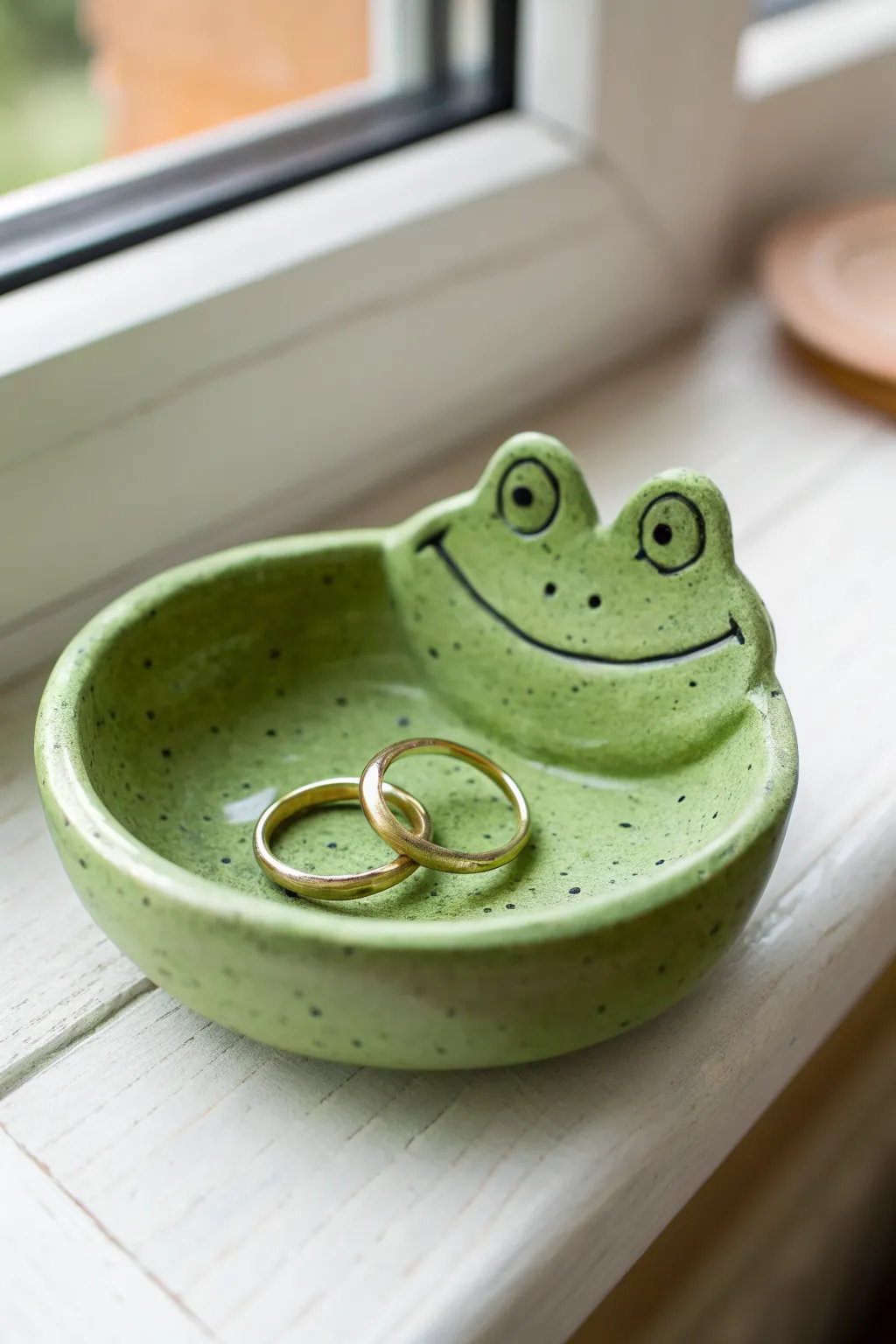Cheerful smiley frog pinch pot ring dish in bright green, perfect for holding rings with charm.