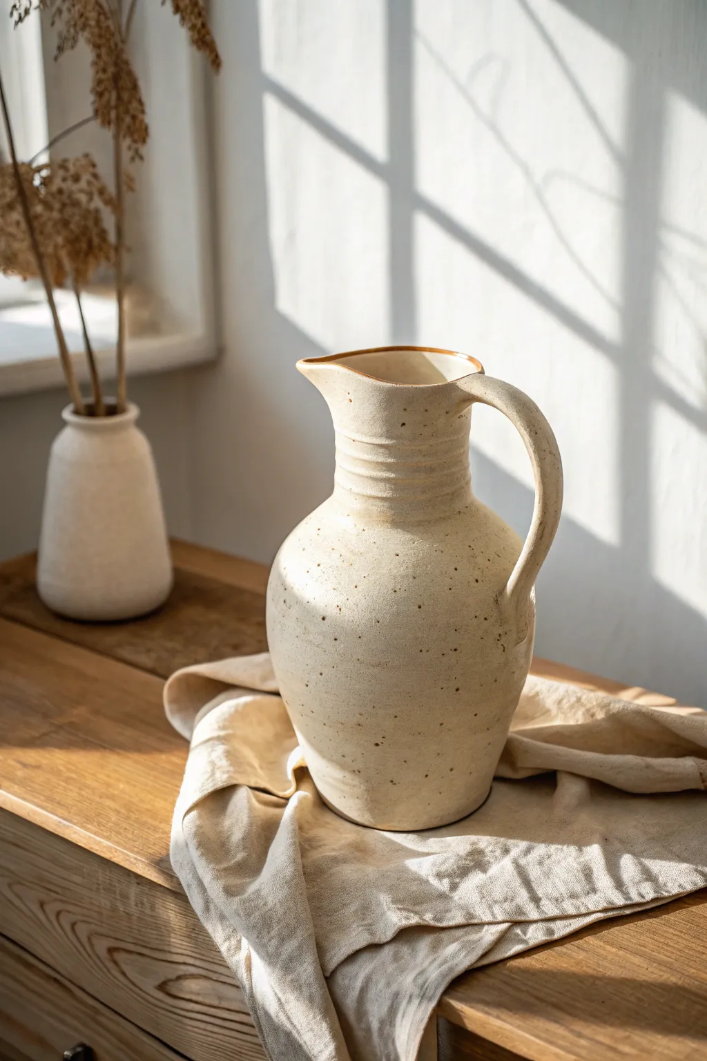 Modern ribbon-handle clay pitcher idea, minimal linen styling for a calm Scandinavian look.