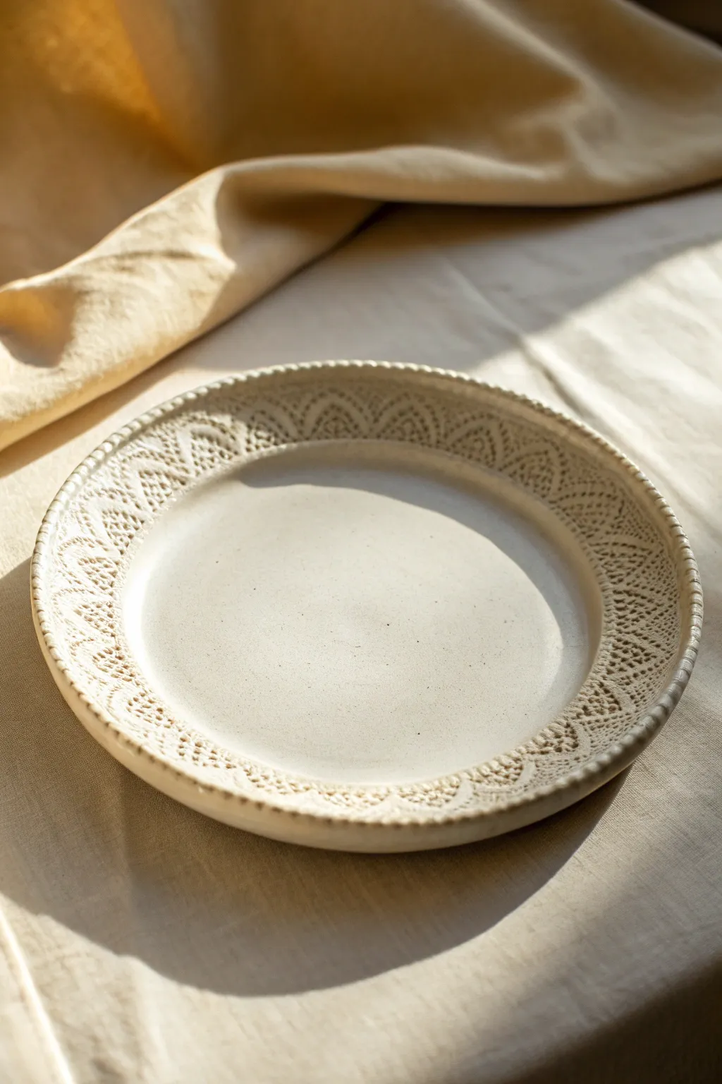 Matte clay plate with lace-impressed rim texture, lit from the side for crisp shadow detail.