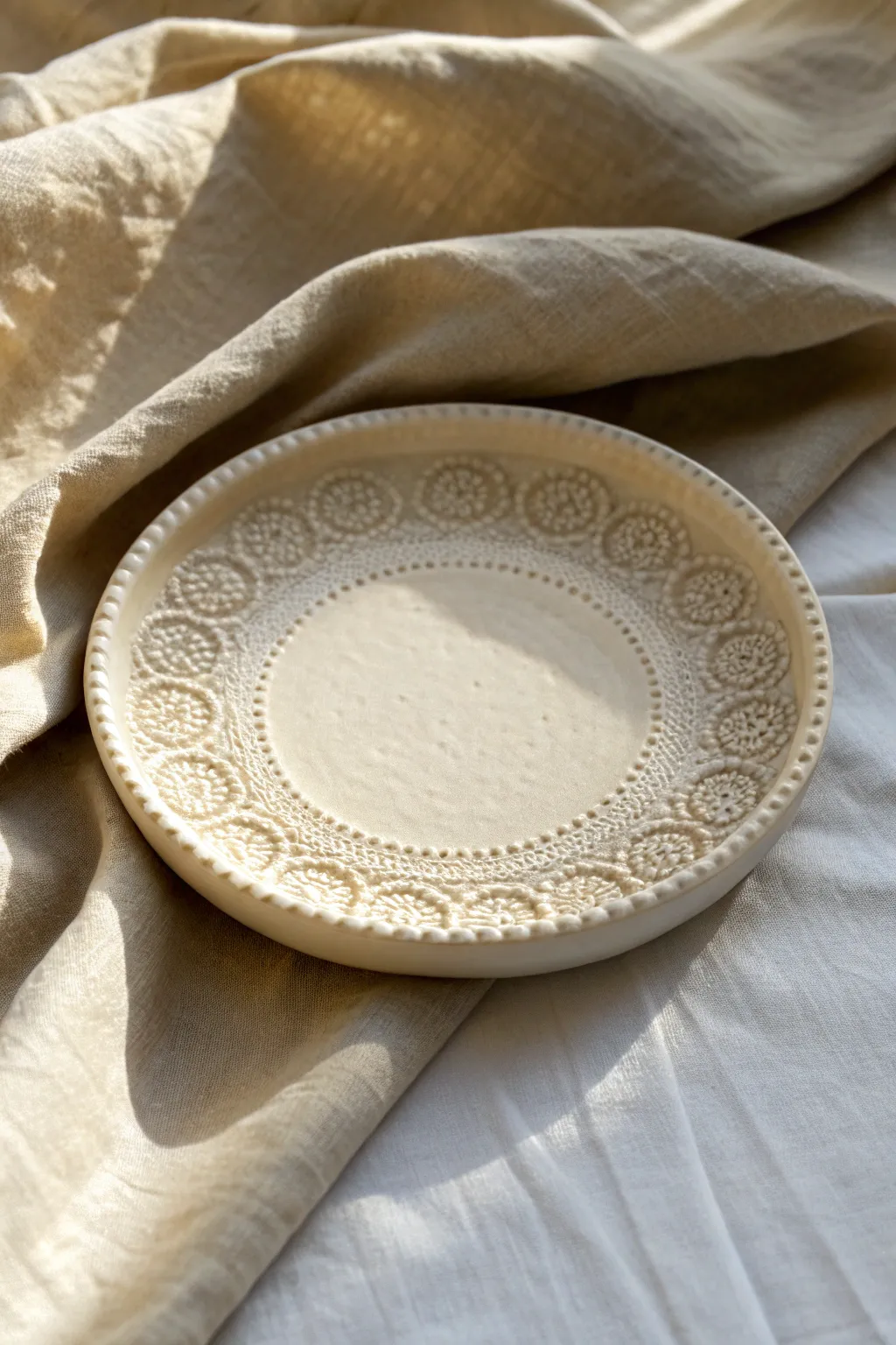 Lace-textured clay plate in soft ivory on linen, minimalist and cozy with crisp detail.