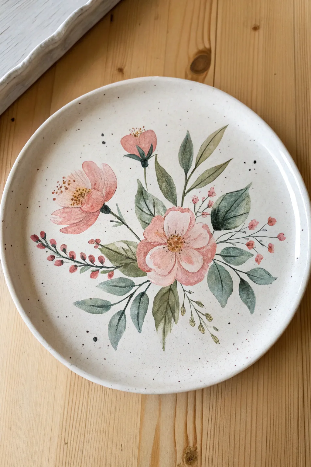 Simple center blossom bouquet plate painting idea with soft petals and sage leaves