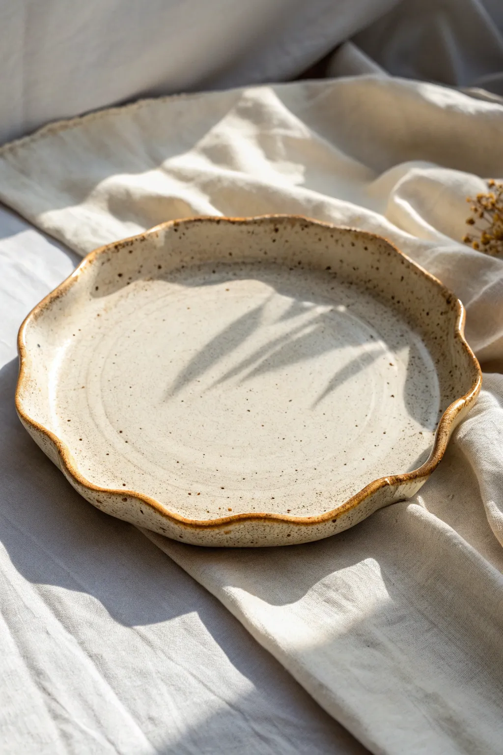 Pinched rim organic platter with a soft matte glaze, minimalist shape, and handmade texture