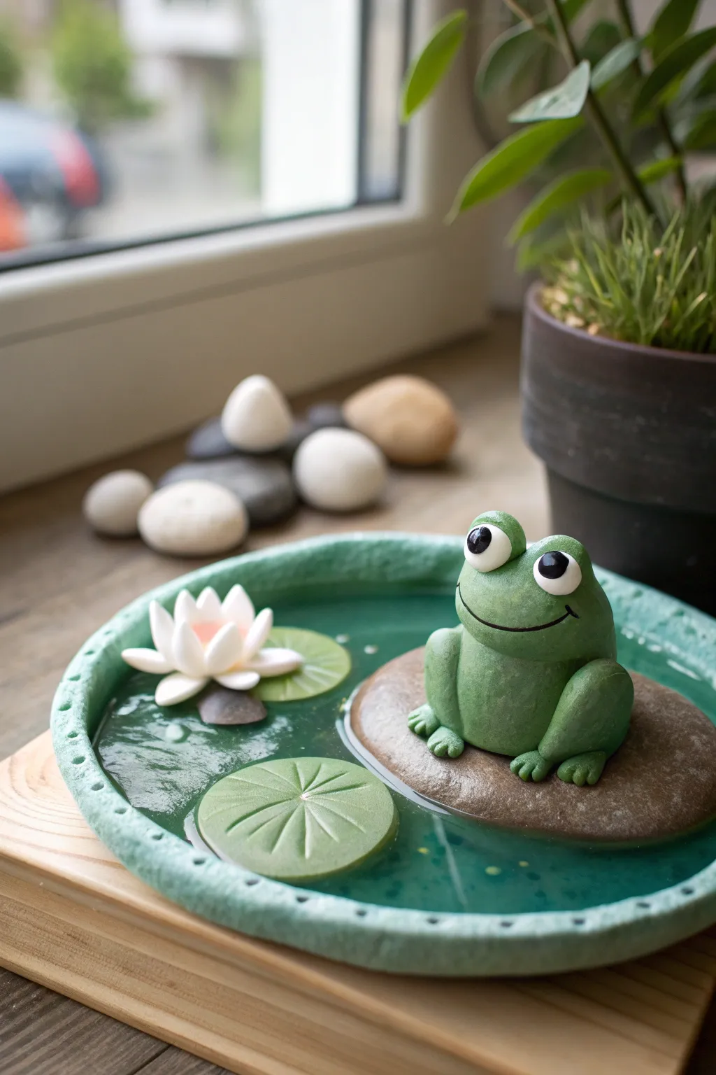 Wide-eyed frog on a lily pad in a glossy mini clay pond, simple Scandi-boho charm.