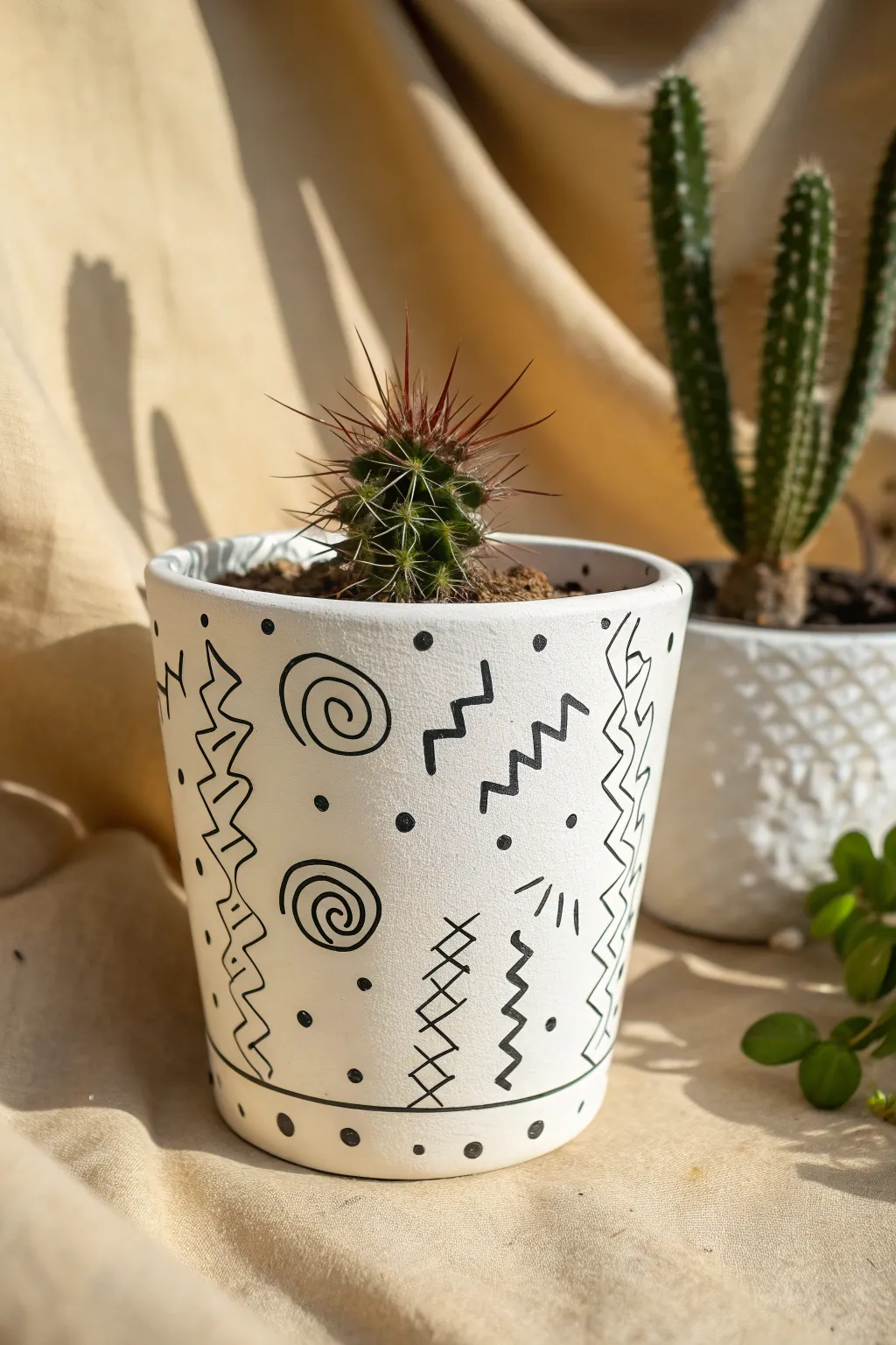 Minimalist black-and-white doodle terracotta pot with spiky plant, a chic clay art idea