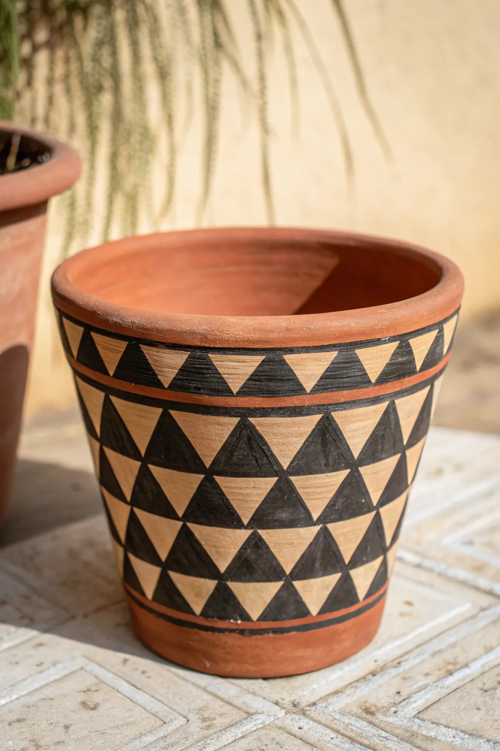 Crisp tape-resist triangles and bold diagonal bands for a modern two-tone clay pot look.