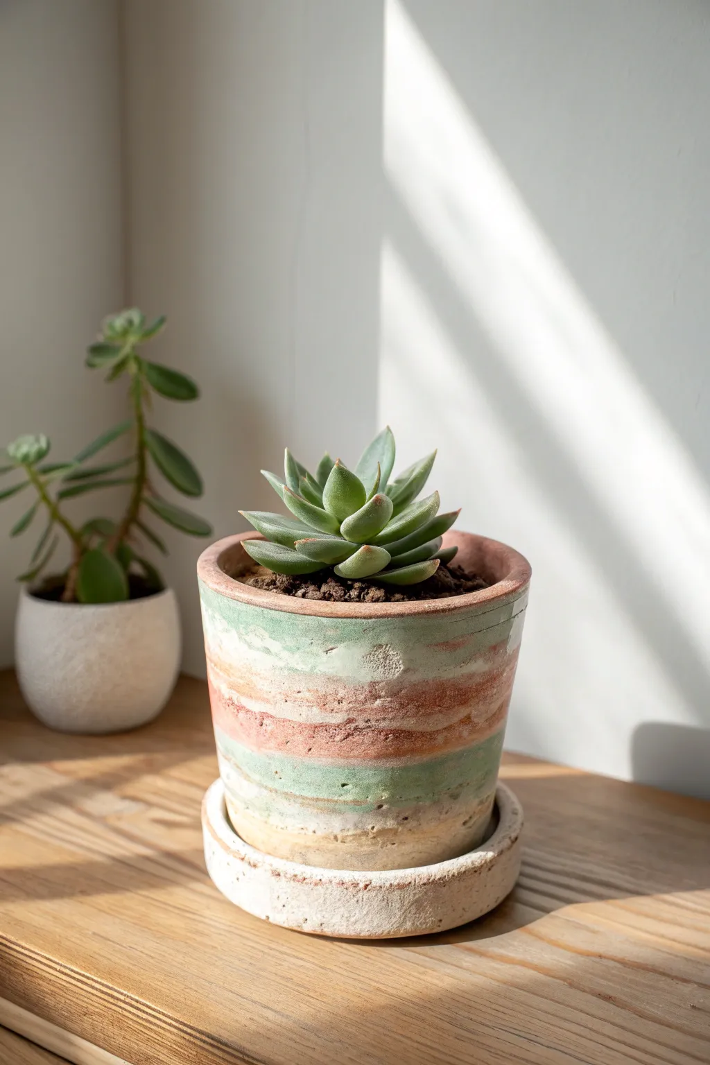 Distressed vintage clay pot with soft muted layers and a tiny plant, rustic minimalist charm.