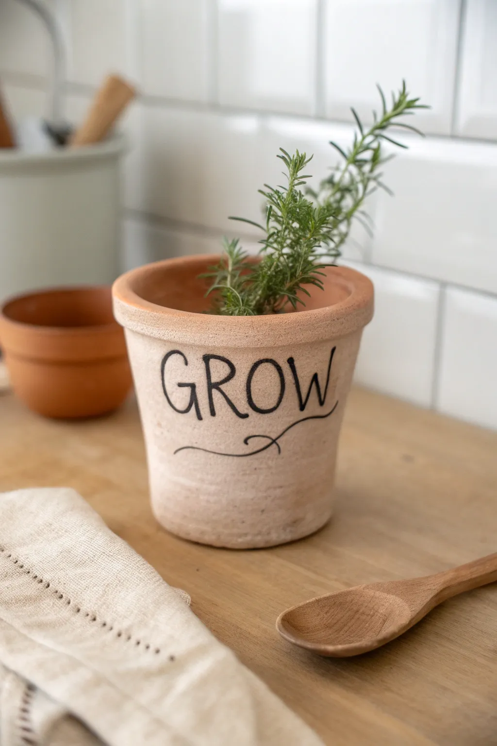 A simple hand-lettered terracotta herb pot adds cozy Scandinavian charm with an easy DIY finish.