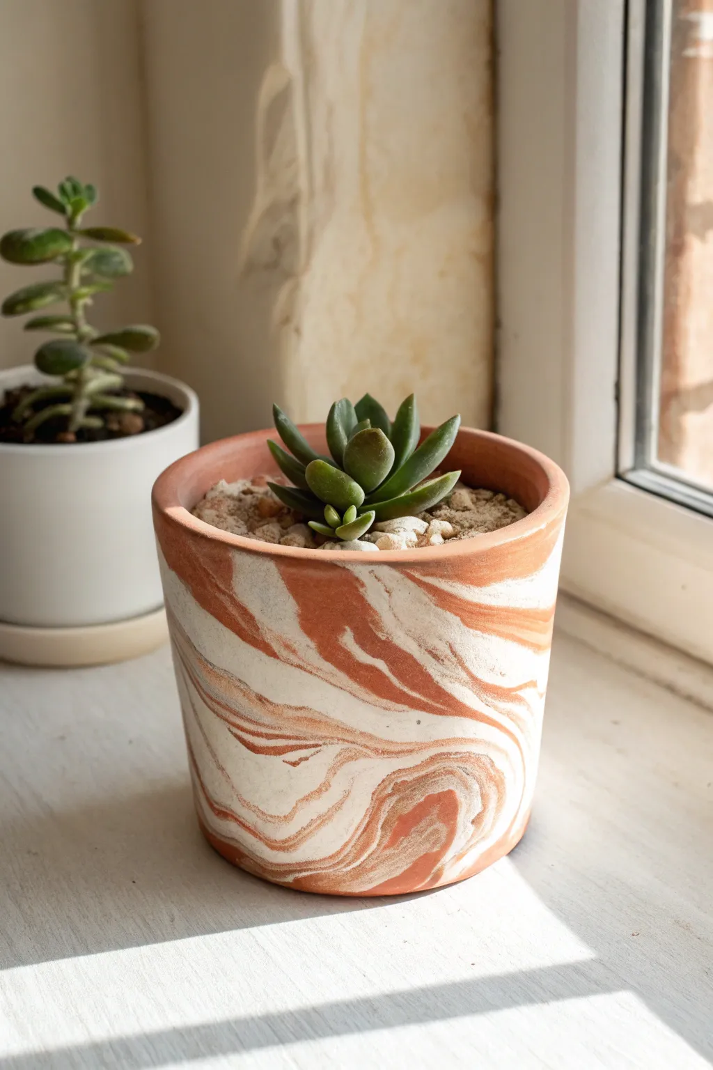 Marbled swirl clay pot with a tiny succulent, simple colors for instant modern drama.