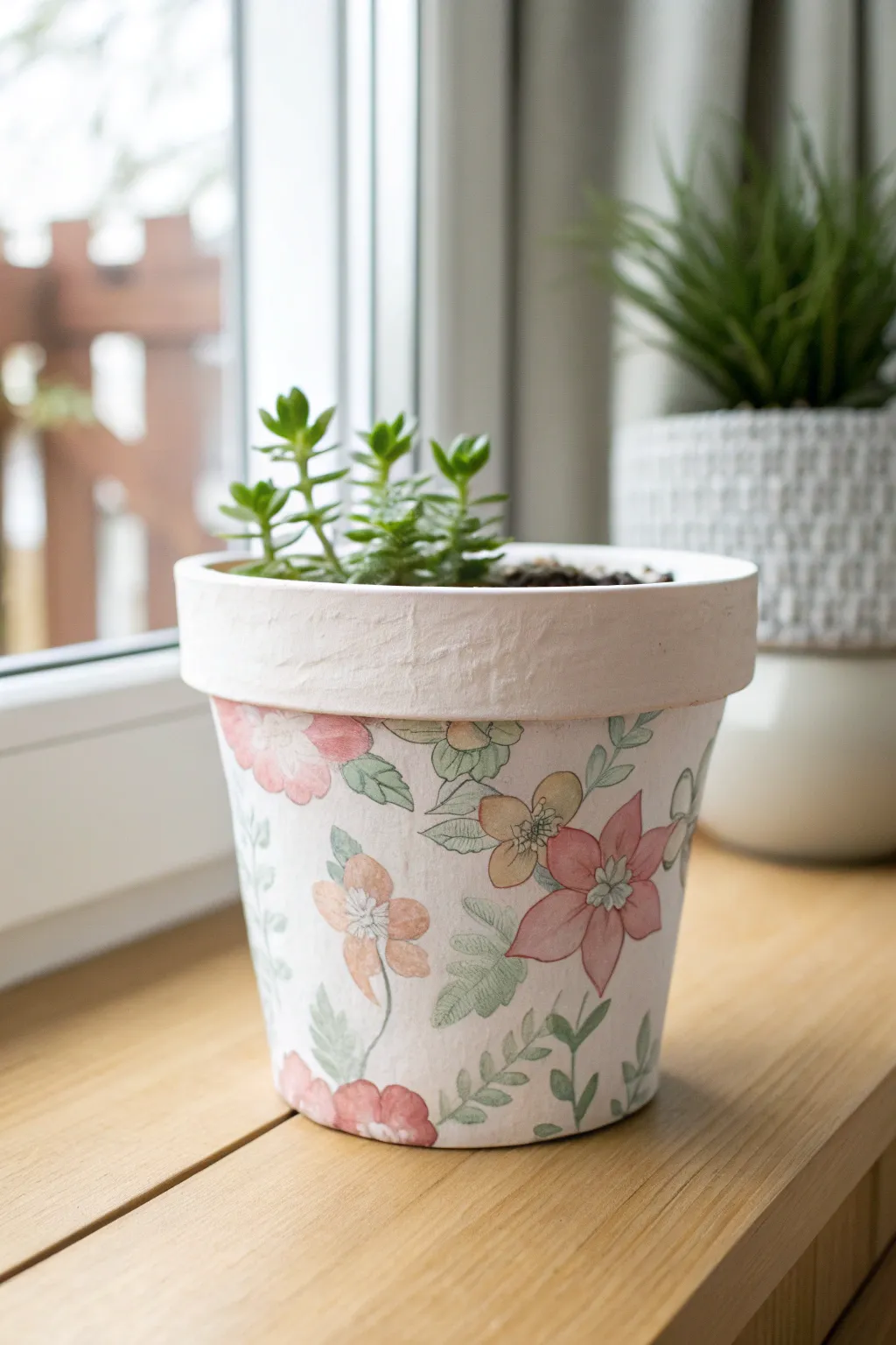 Soft floral decoupage terracotta pot with a crisp painted rim, sunlit and serene.