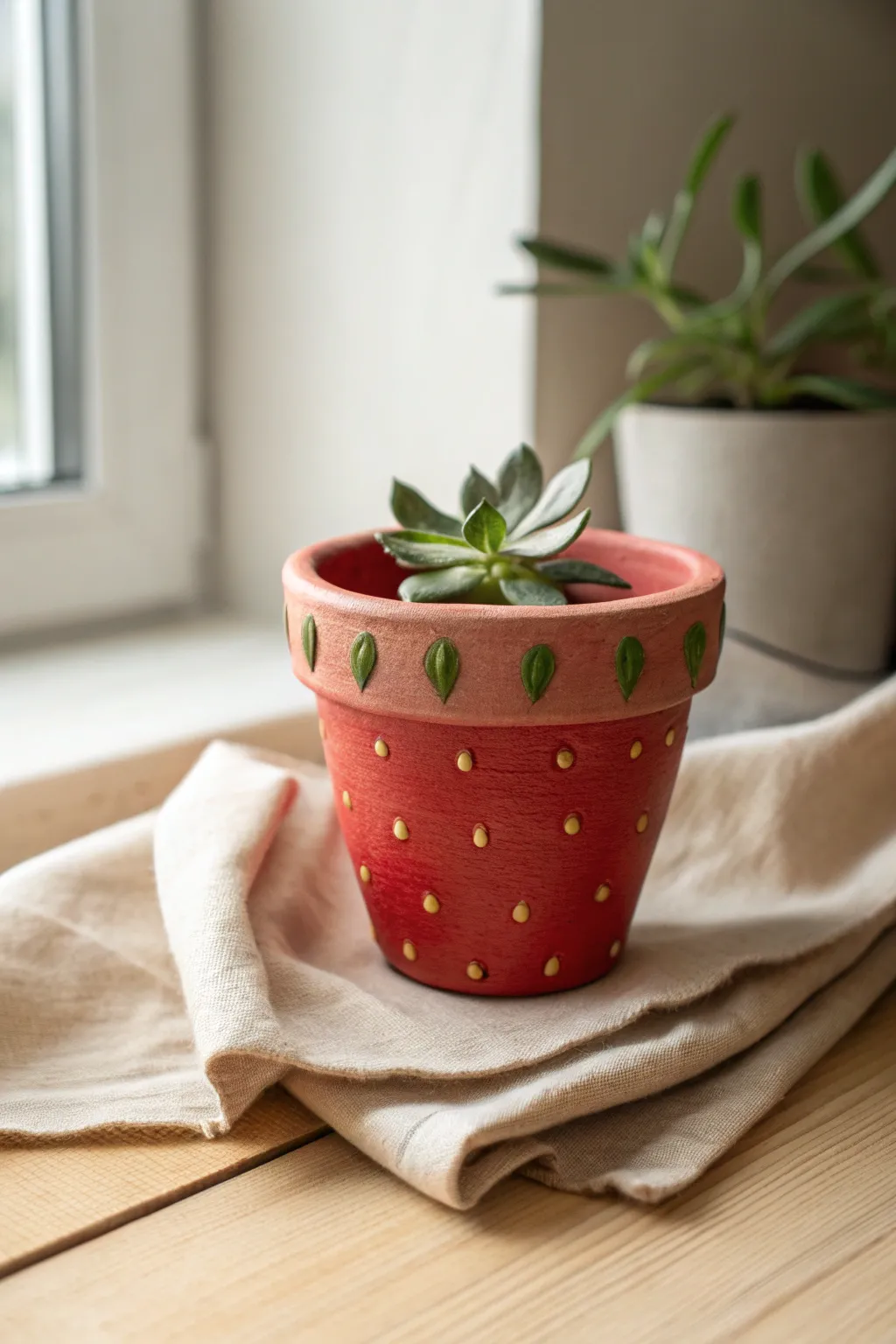 Sweet strawberry pot idea: bold red, tiny seed dots, and a simple leafy rim for kids
