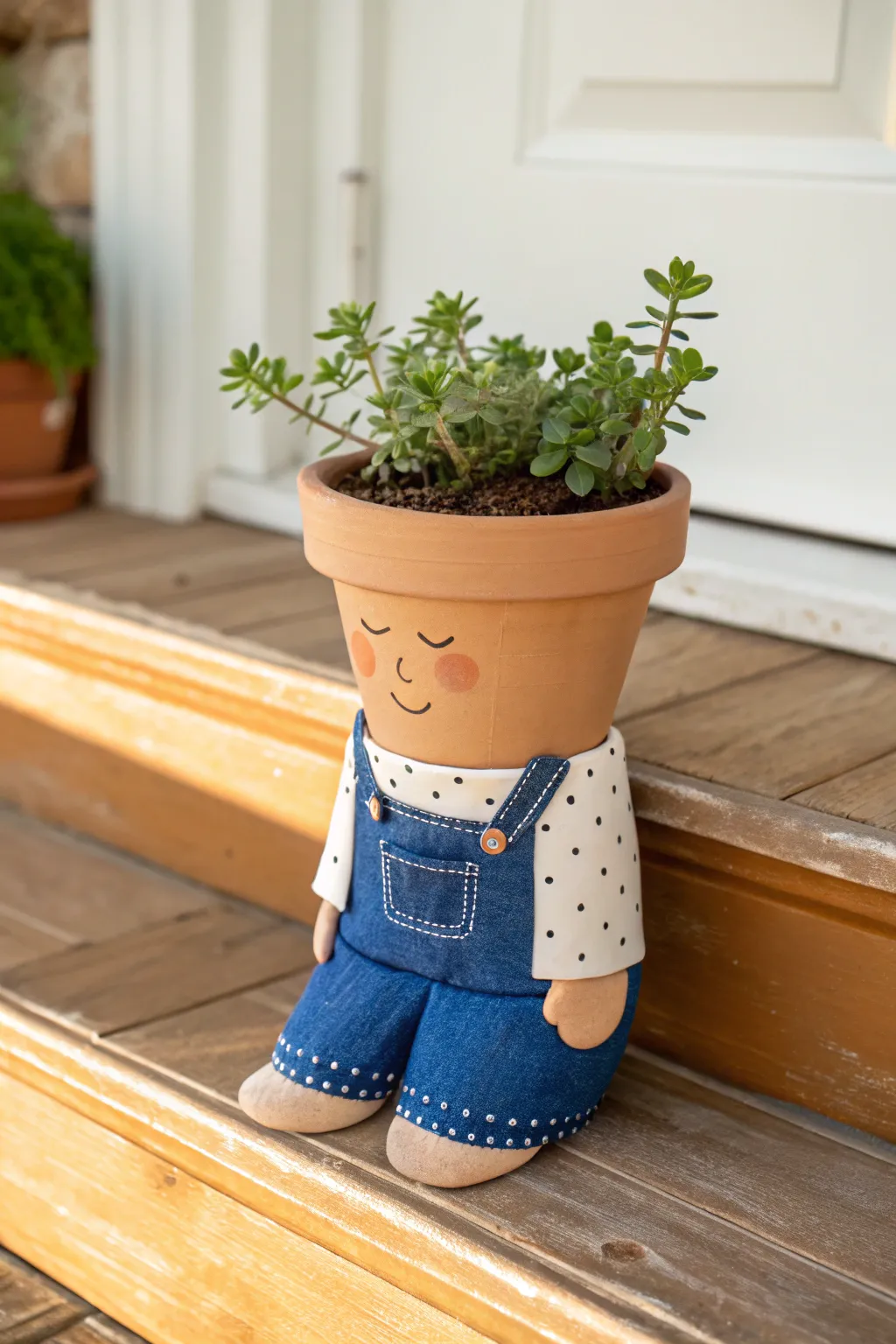 Denim overall clay pot person planter, a simple porch-ready idea for cute handmade pottery decor.