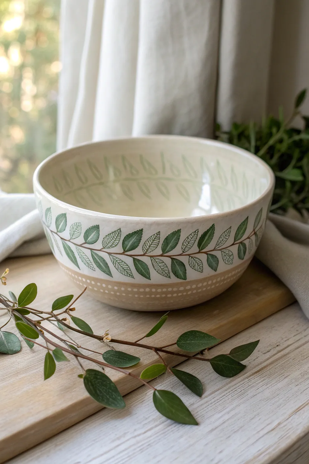 Minimal leaf-silhouette bowl in layered greens, styled with a fresh sprig for calm nature vibes.