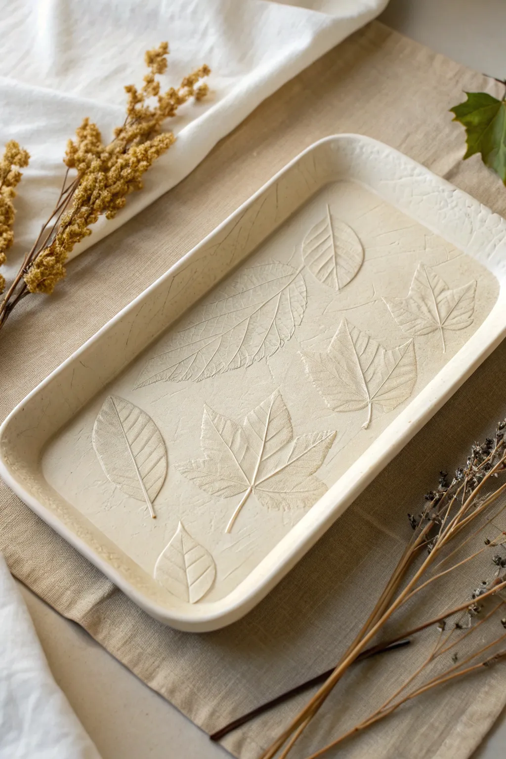 Soft satin slab tray with pressed leaf veins, styled with dried botanicals for calm boho minimalism.
