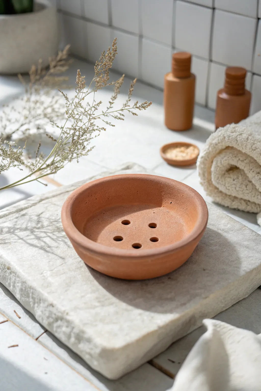 Minimal handmade clay soap dish with clean drainage holes, perfect for beginner pottery.