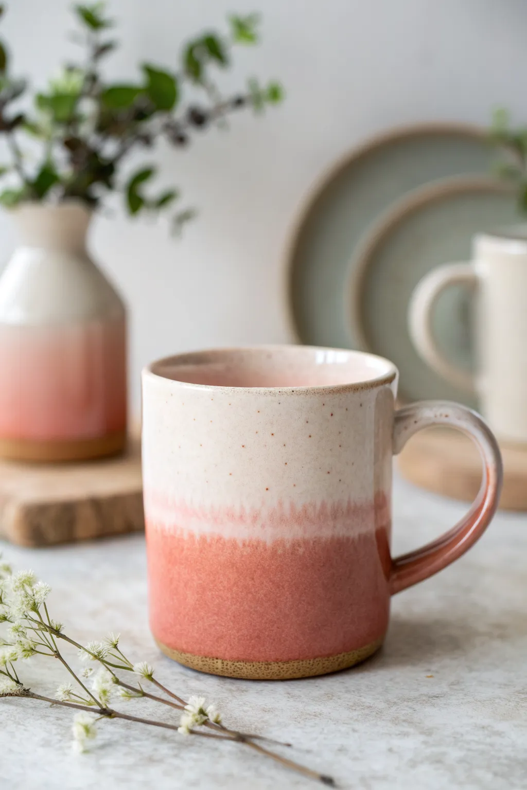 Soft ombre mug painting idea: a smooth blush-to-terracotta gradient for calm, modern pottery.