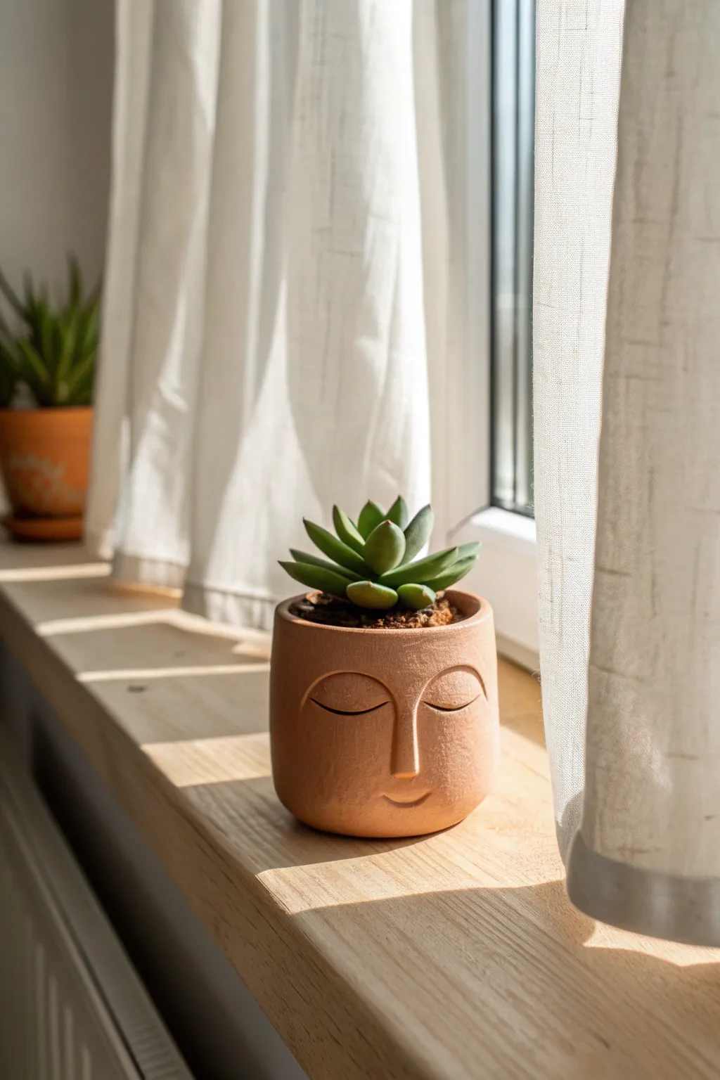 Minimal abstract face planter in earthy clay, holding a tiny succulent in warm window light.