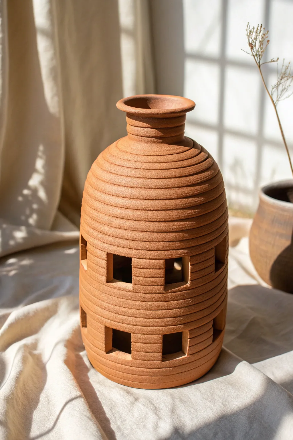 Minimal coil vessel with graphic cutouts, a high school friendly clay project with bold contrast.