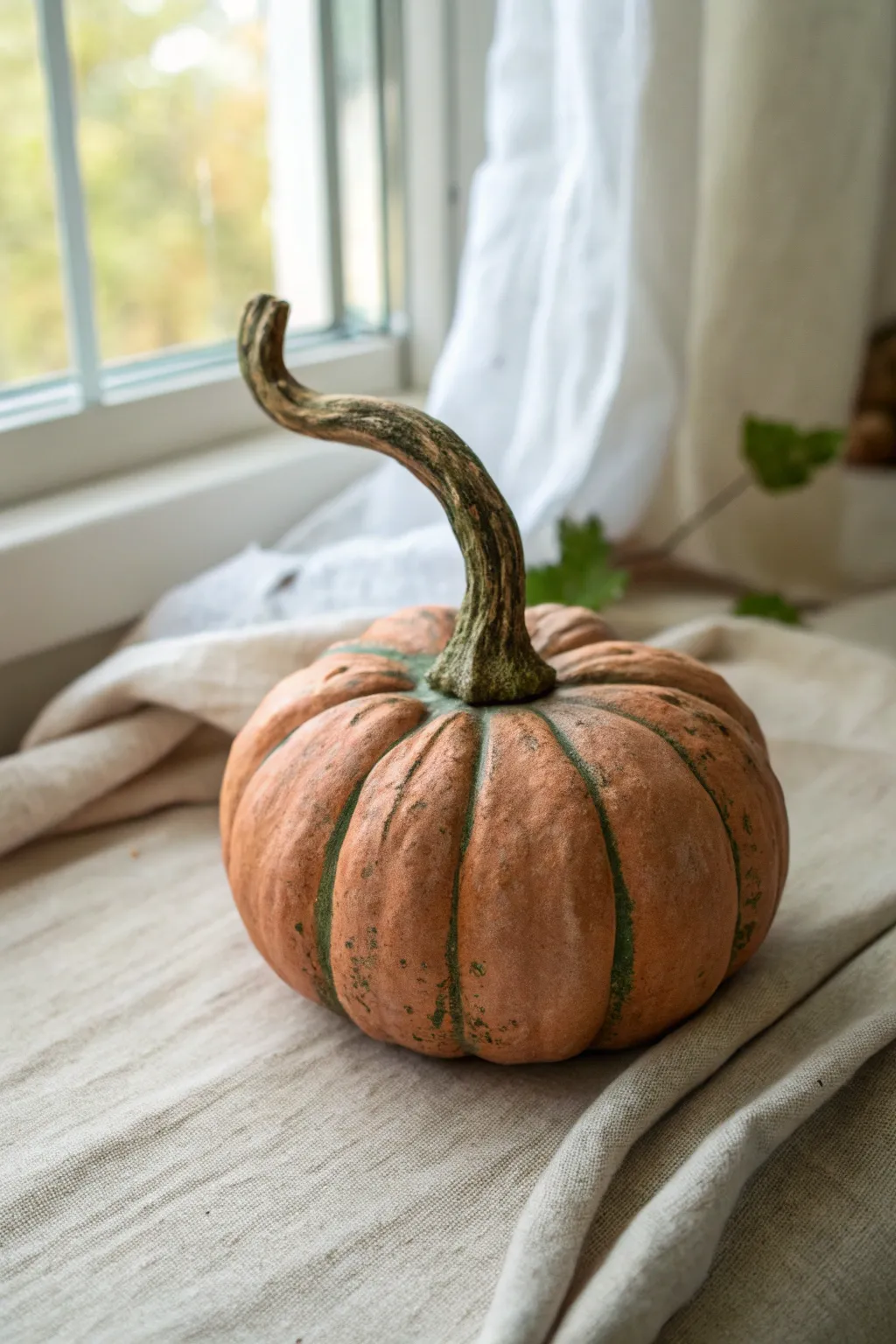 Woody-textured clay pumpkin stem in earthy tones for cozy minimalist fall decor