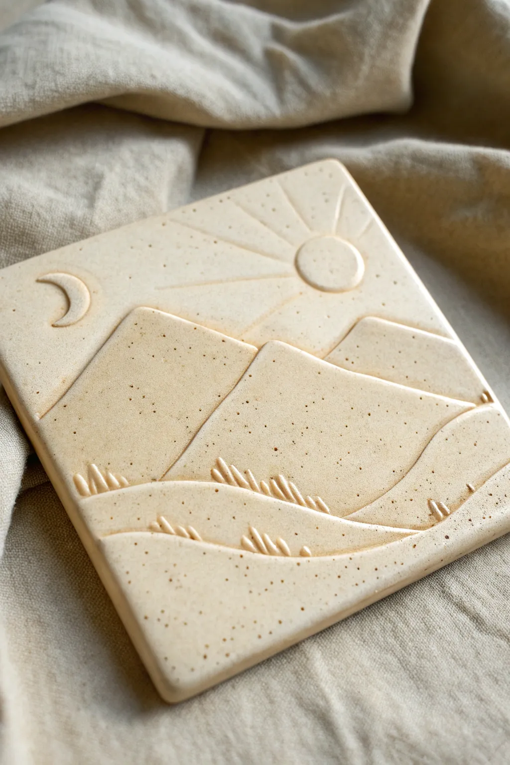 Minimal mountain landscape clay relief tile with layered ridges and a tiny raised sun