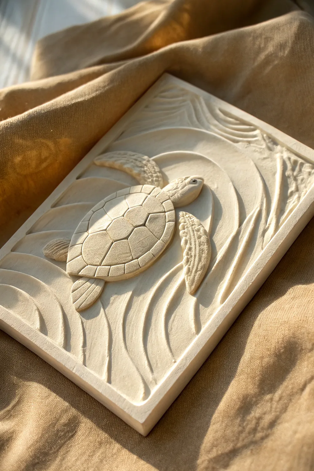 Sea turtle relief panel with gentle wave carving, minimalist coastal charm in handmade clay.