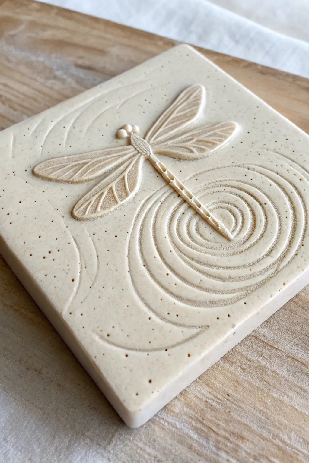 Serene dragonfly relief tile with rippled water carving, minimal and softly boho in warm clay
